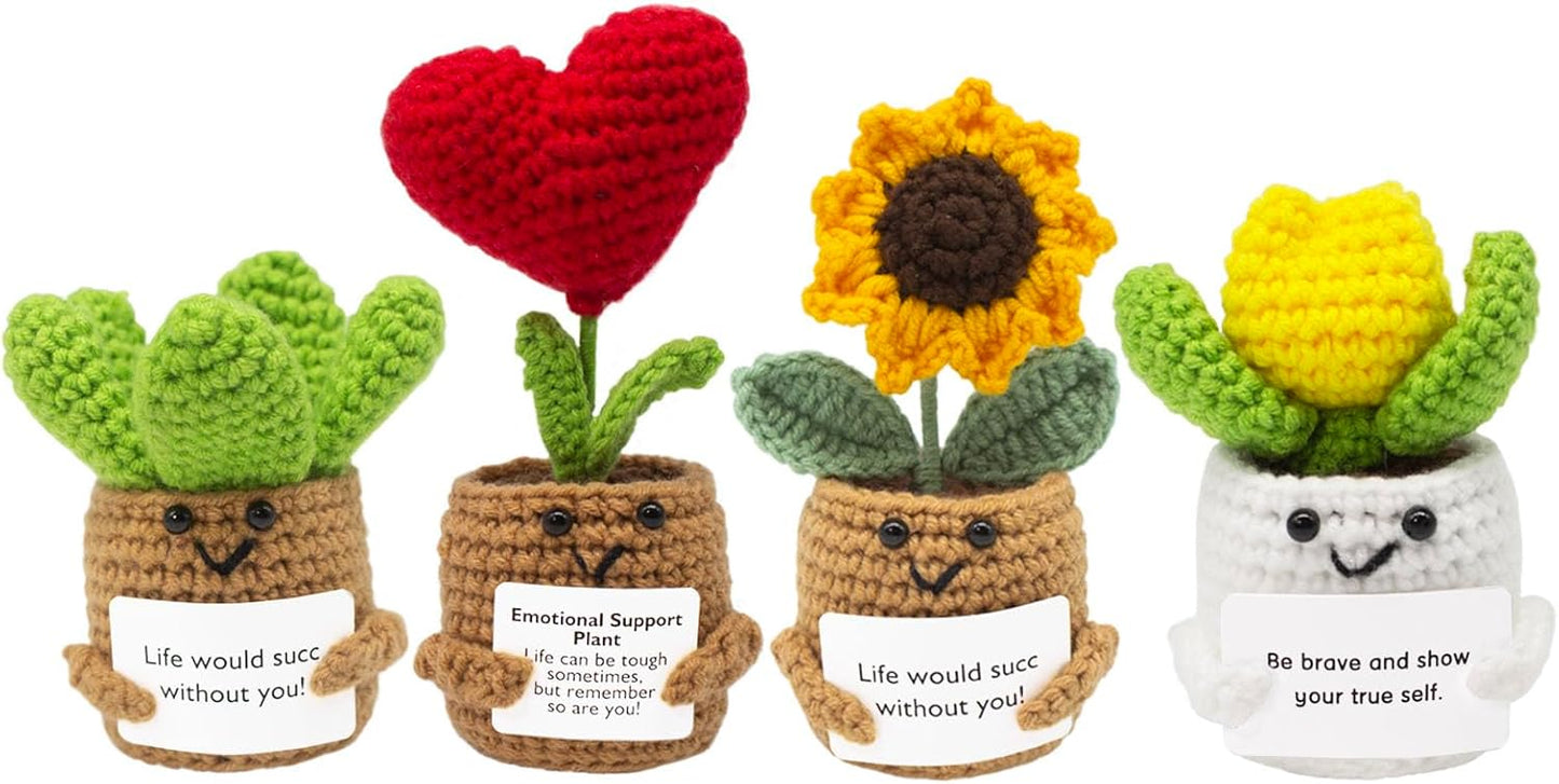 Crochet Positive Plant Set Handmade Knitted Cactus Toy Cute Funny Emotional Positive Life Doll Gifts with Encouraging Card for Coworker Friends Room Decor 4PCS