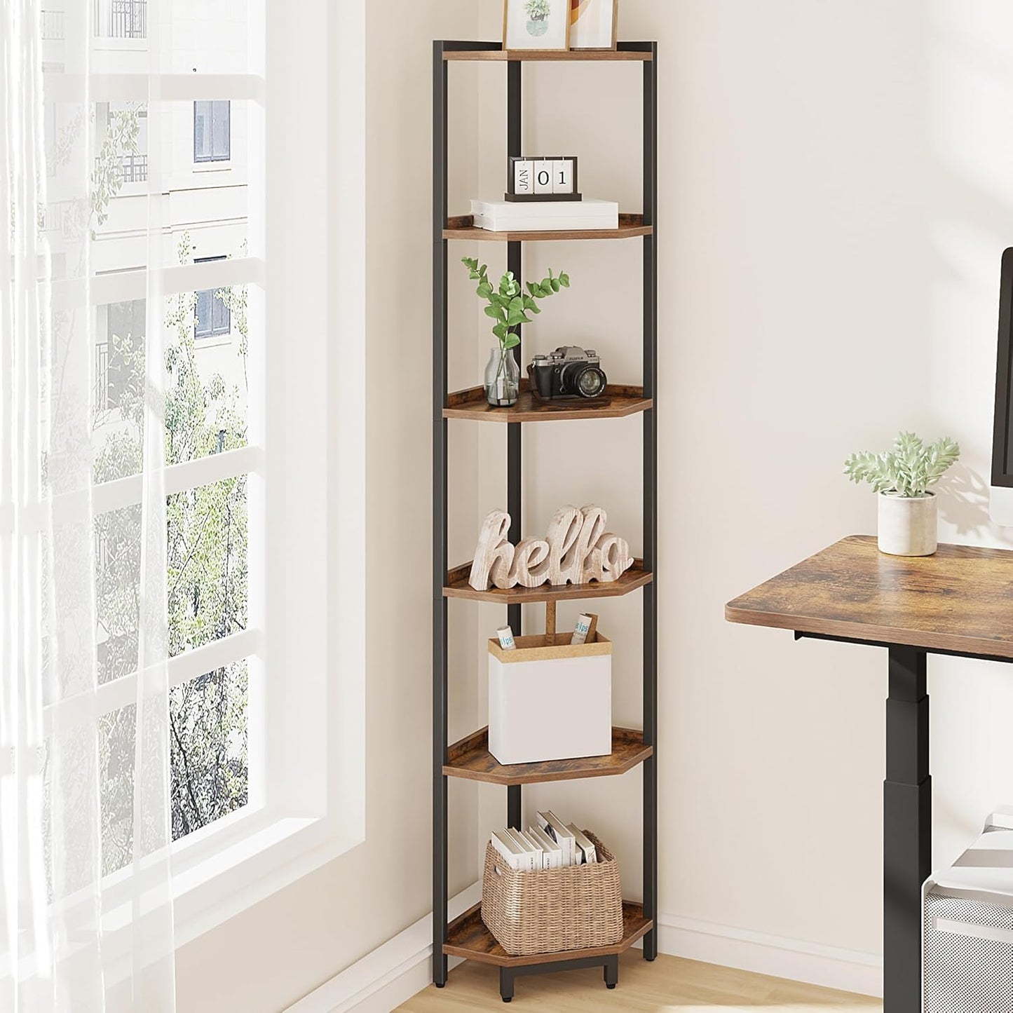 Corner Shelf Stand, Corner Bookshelf, Storage Standing Shelf Unit with Metal Frame, Plant Stand, Bookcase for Living Room, Home Office, Bedroom, 6-Tier Rustic Brown CS06001B
