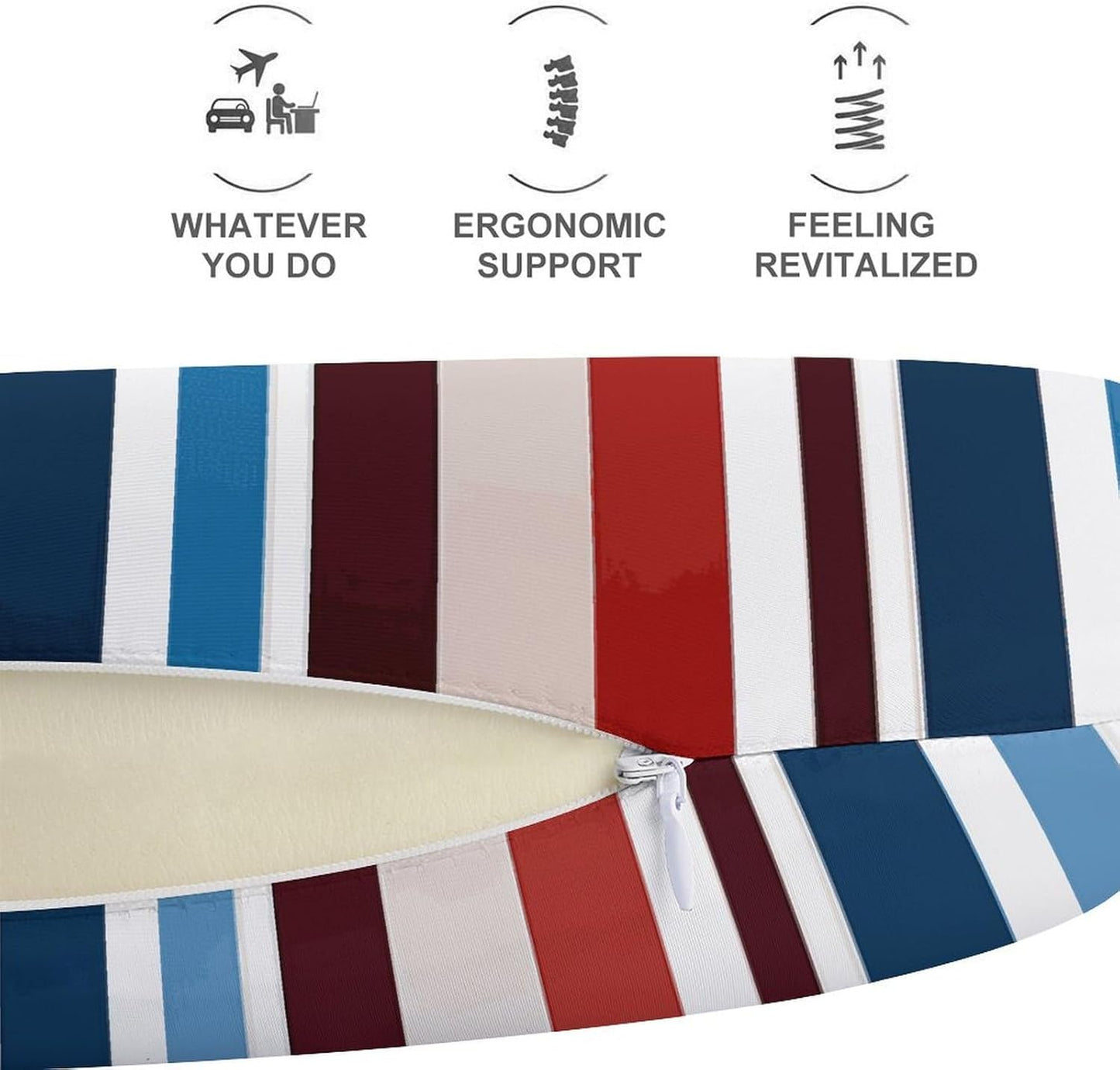 Red Blue White Gray Stripes Neck Pillow Memory Foam U Shaped Pillows Portable Pillows for Shoulder Travel Head Support Pillow with Concealed Zipper for Airplane Car Home Office