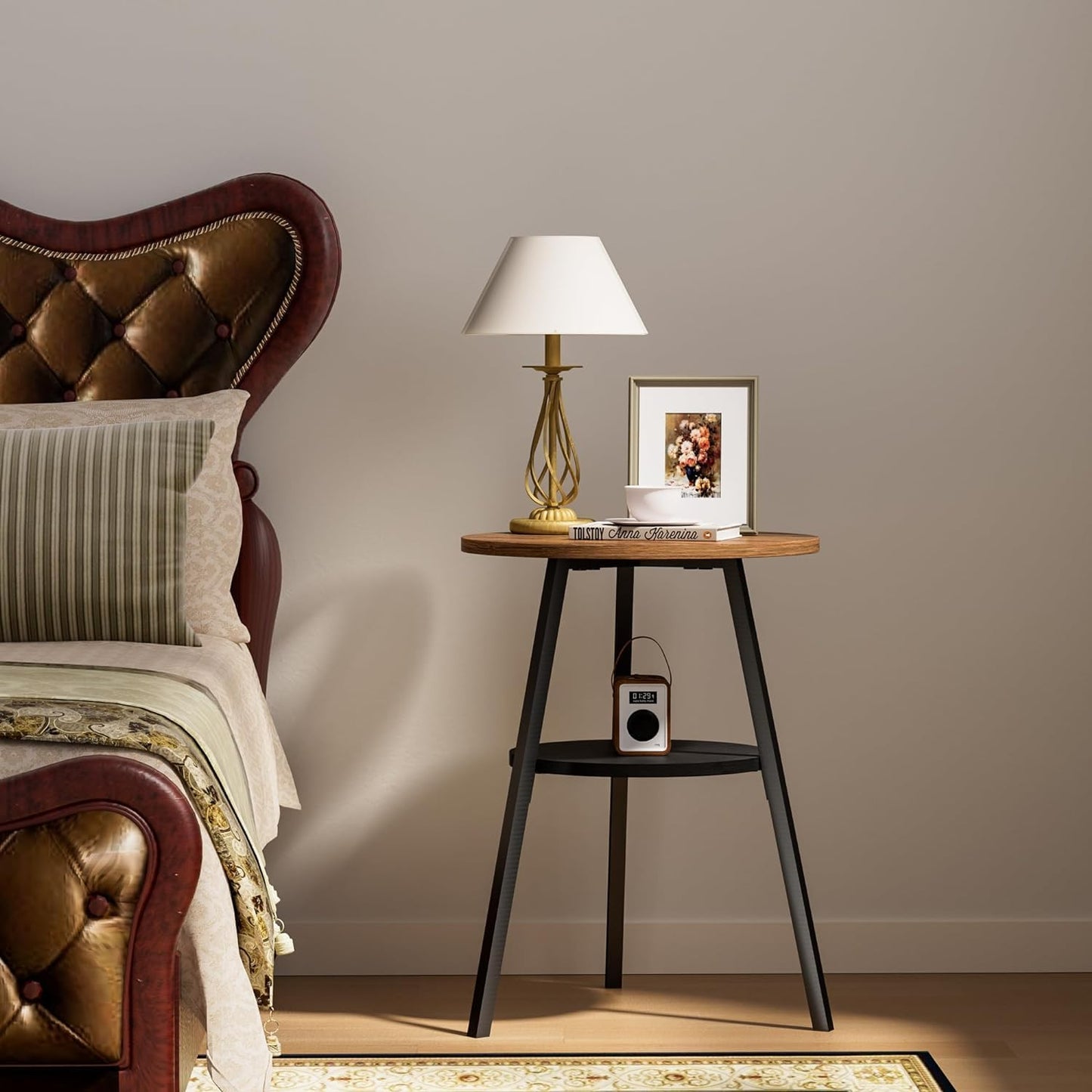 INHABIT UNION End Table, 2 Tier Round Side Table with Metal Frame, Industrial Nightstand Bedside Coffee Accent Table for Living Room Bedroom Small Space, Rustic Brown，15.4" D x 21.6" H