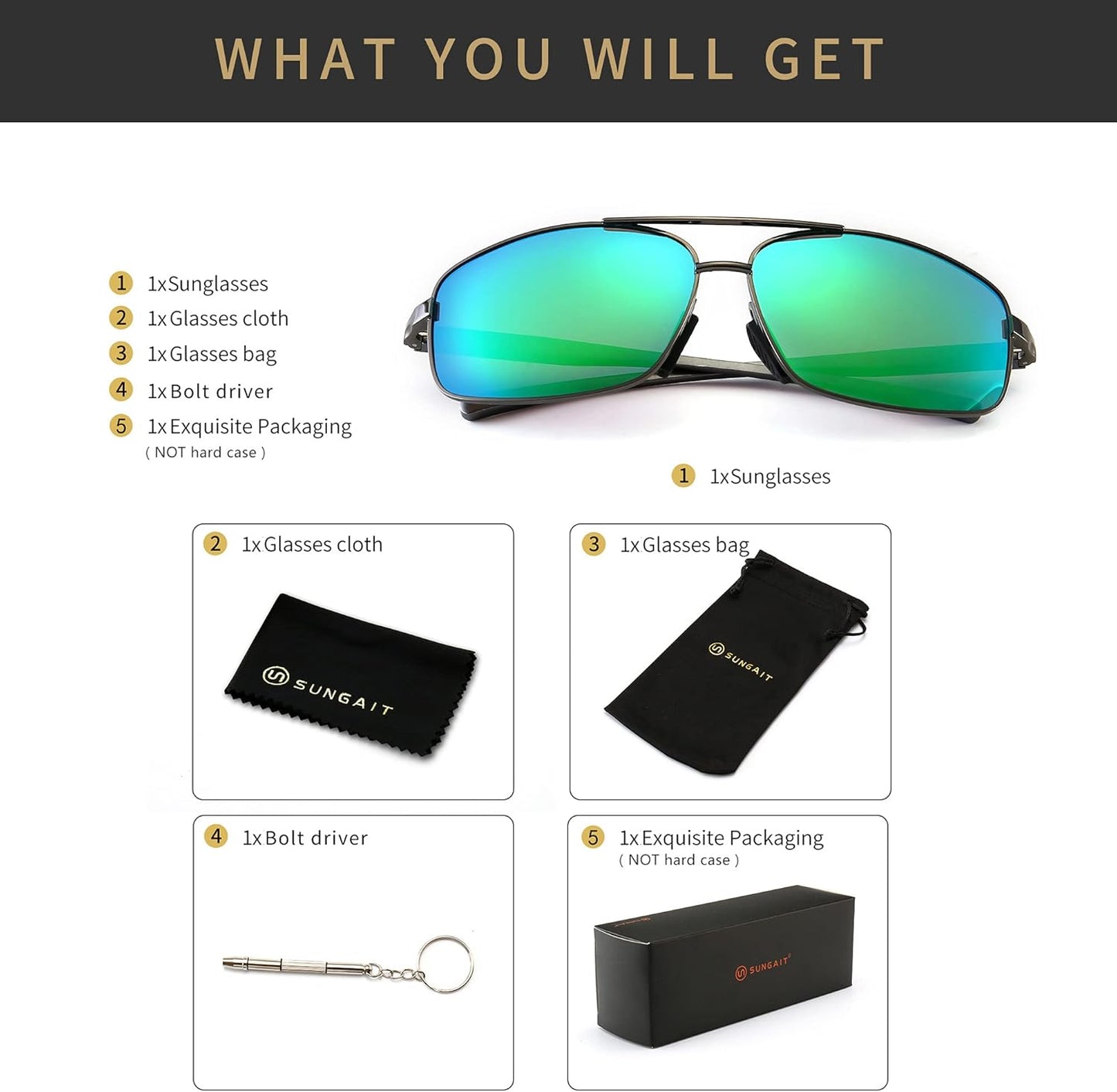 SUNGAIT Ultra Lightweight Rectangular Polarized Sunglasses Men UV400 Protection