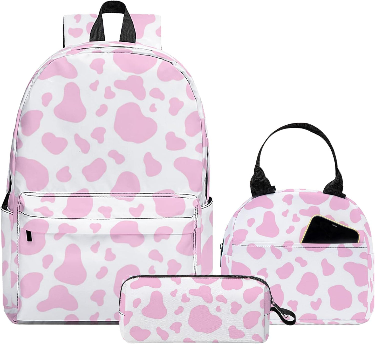 3PCS Backpack for Boys Girls Back To School, Kids Backpack for Teens Elementary Middle High School Students, Large Capacity 17 Inch Bookbags with Lunch Box and Pencil Case (Cow)