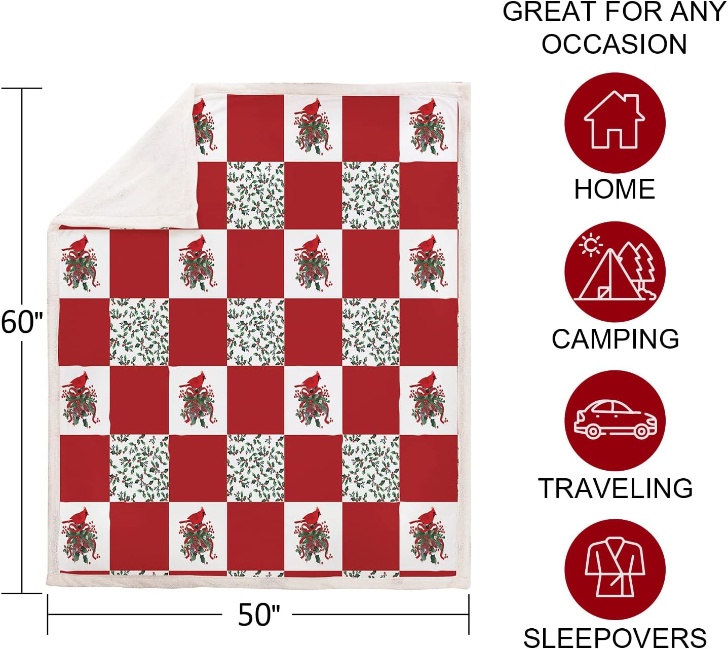 Sherpa Fleece Blanket Throw, Cardinals Birds Stitching Plaid Fuzzy, Soft Lightweight Breathable Bed Sofa TV Couch Blanket, Christmas Home Decor, 50'x60'