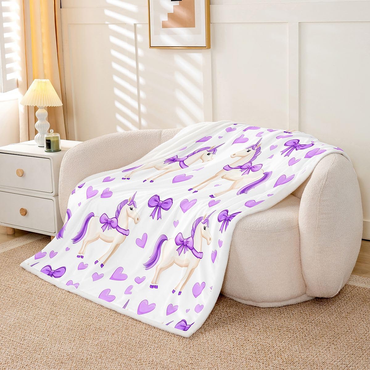 Purple Bow Unicorn Throw Blankets,Coquette Bowknot Fleece Blanket,Kids Girls Boys Adult Love Heart Pattern Fuzzy Blankets Cartoon Dreamy Sherpa Blanket Chair Sofa Bed Decor,30"×40"