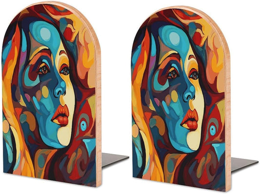Non-Slip Bookend for Shelves Abstract Colored Woman Face Wooden Bookends with Metal Base Decorative Book Stopper for Home Heavy Duty Wood Book Storage for Books/CDs