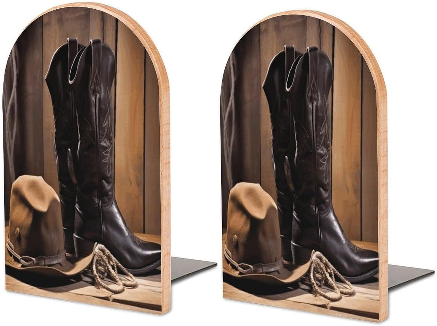 Cowboy Black Hat Western Boots Bookend for Shelves Wooden Book End Large Size Sturdy Book Holders Stoppers with Metal Base for Bookshelves Slick Decorative Bookends Stands
