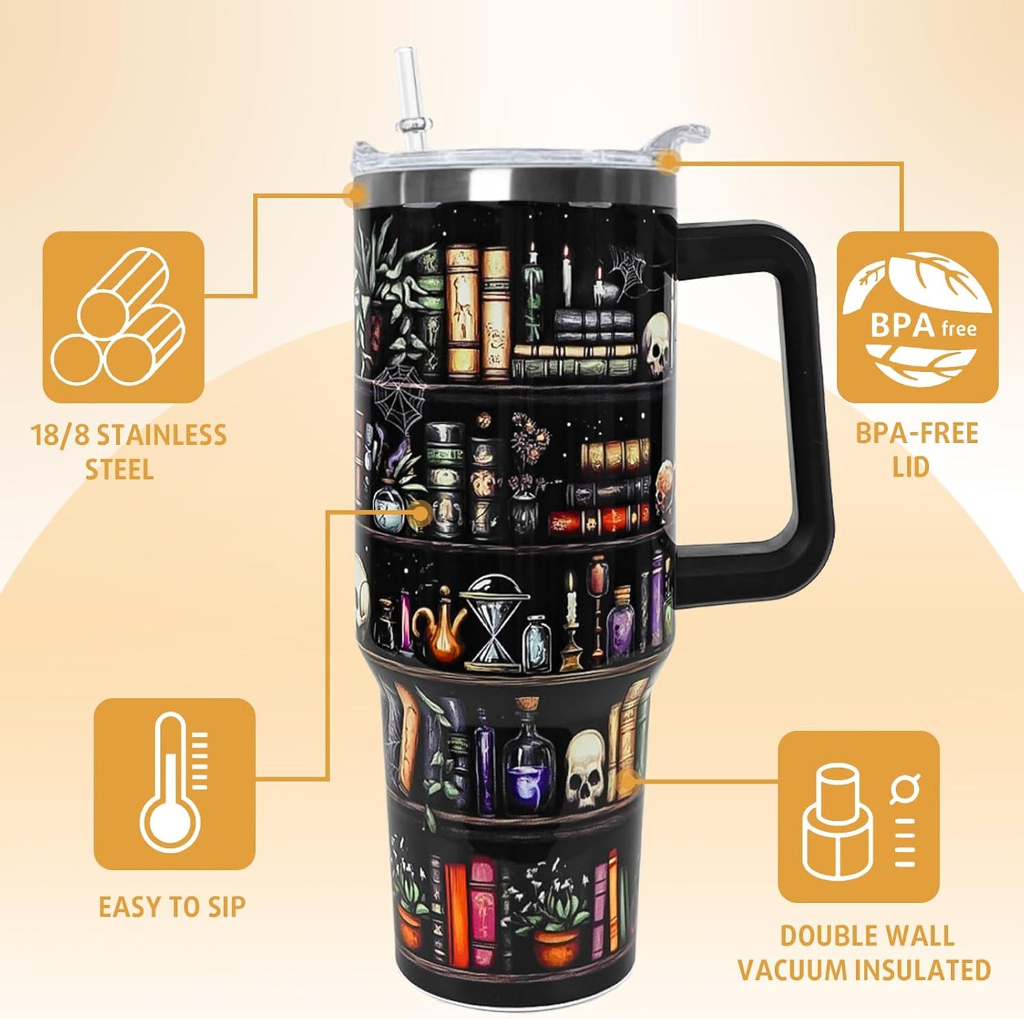 Book Lovers Gifts 40oz Book Lover Tumbler Halloween Goth Skull Bookshelf Coffee Travel Mugs Christmas Insulated Cup Gifts for Women Readers,Reading,Bookish,Librarian