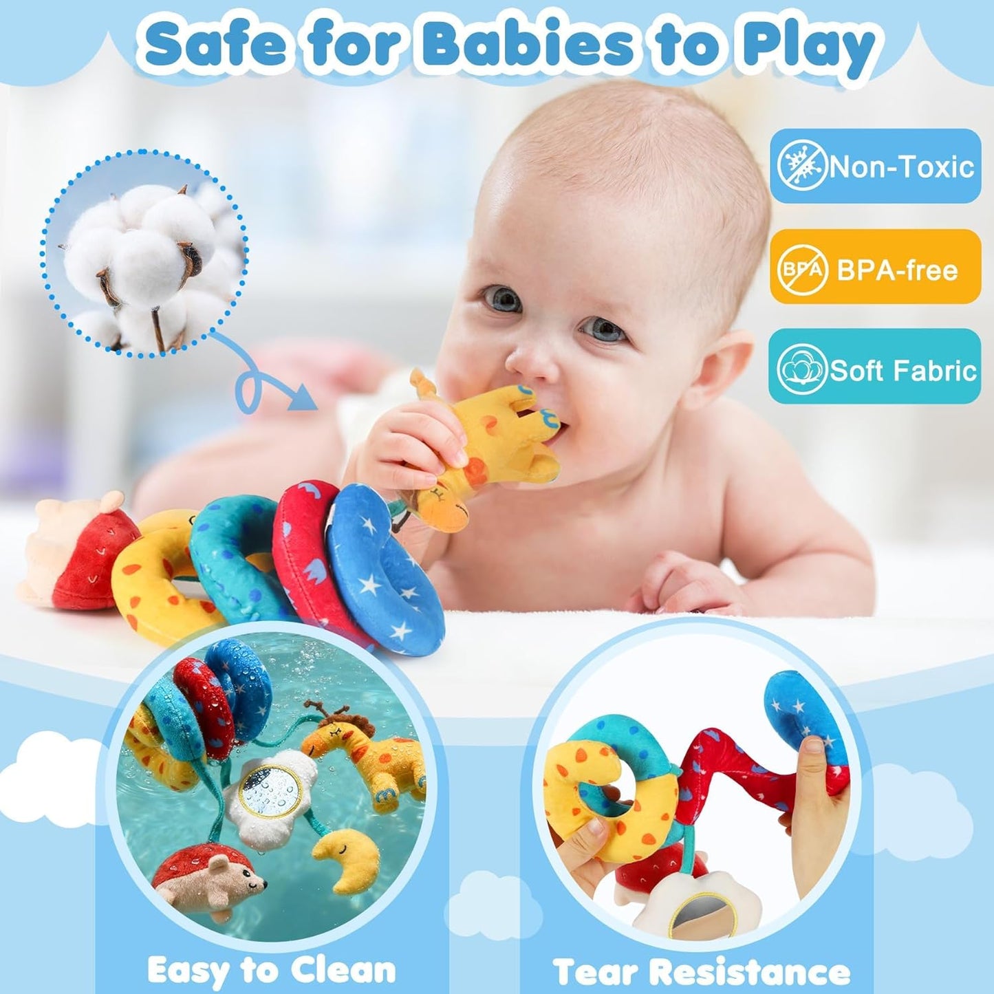 URMYWO Car Seat Toys for Babies 0-6 Months, Hanging Toy Fits Stroller, Sensory Baby Toy with Bell Crinkle Mirror, Baby Travel Gear Shower Gift for Boys Girls, Easter Basket Stuffers