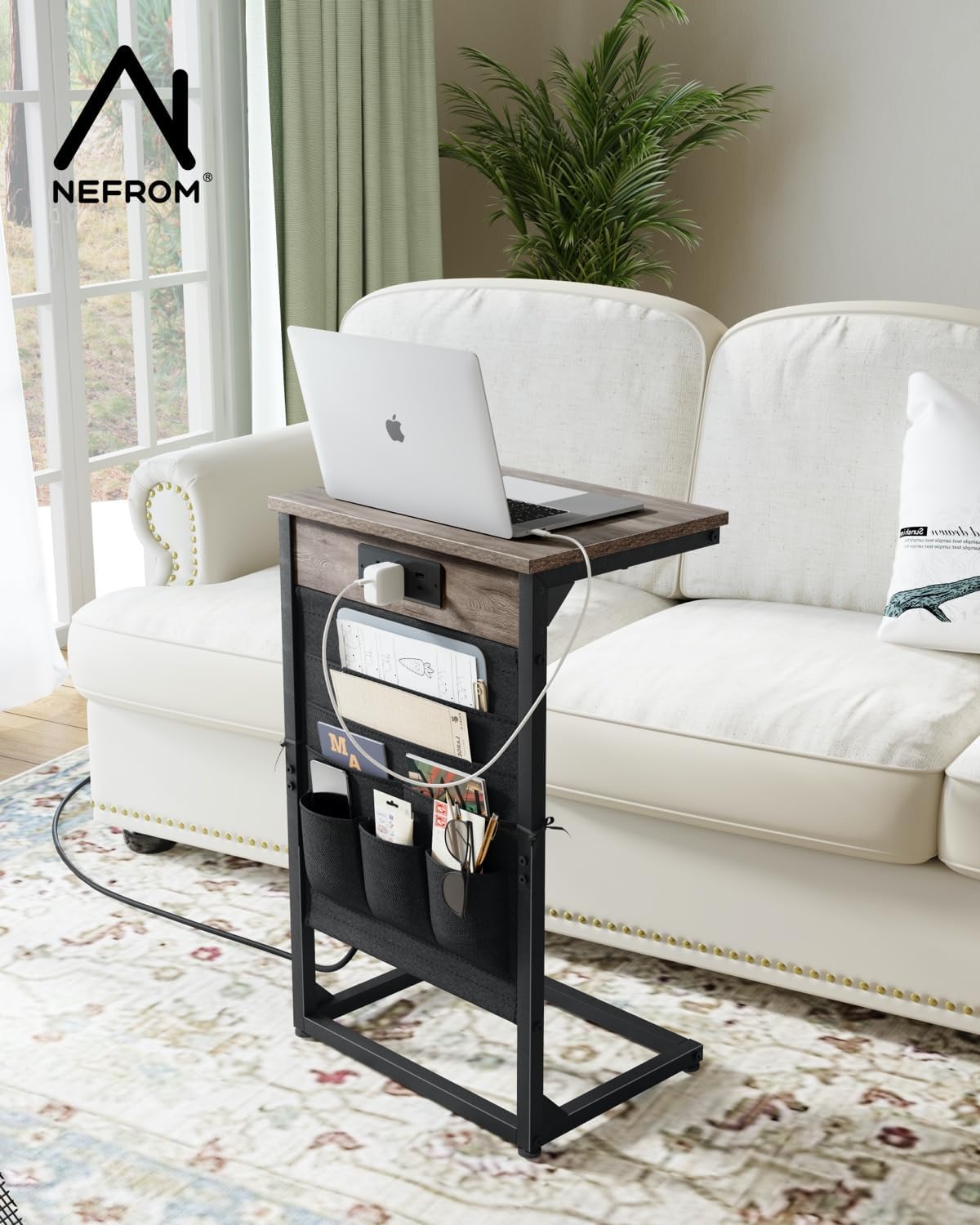 C-Shaped End Table with Fast-Charging Station, Small Couch Side Table with Storage Bag, Sofa TV Tray Table for Living Room, Bedroom, Bedside ET-GY-W1