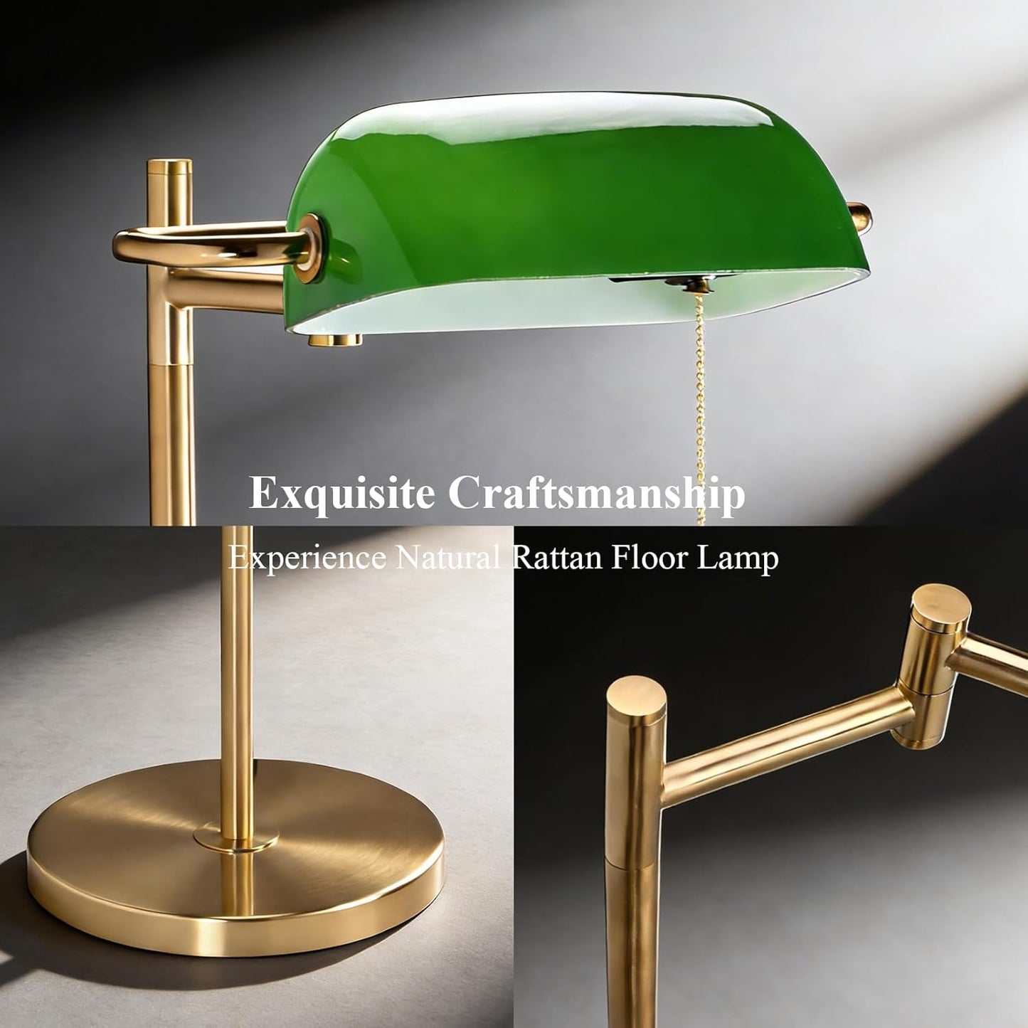 Vintage Modern Bankers Reading Floor Lamp, Gold Metal Standing Lamp with Adjustable Swing Arm, Swivel Lampshade and Pull Chain for Living Room, Reading Nook, Office, Bedroom