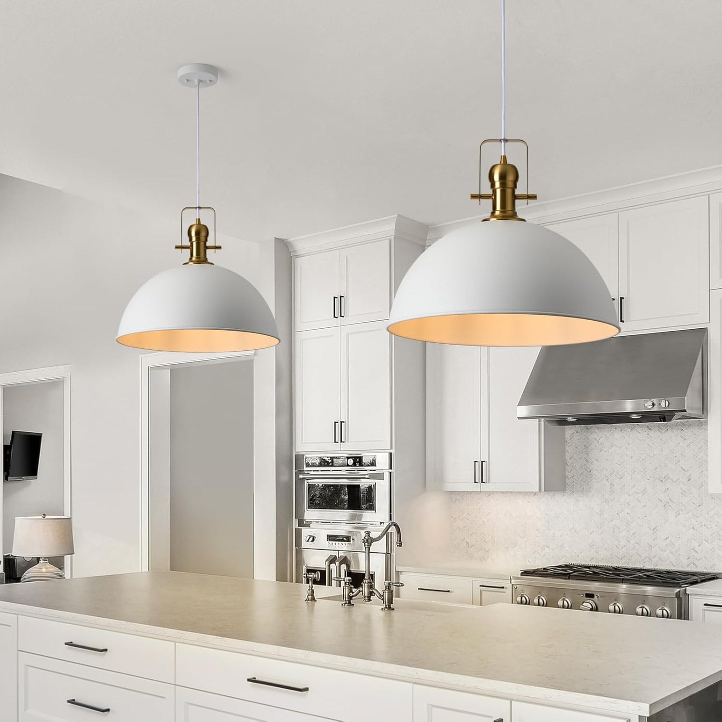18 Inch White Farmhouse Pendant Lights Large Pendant Lights for Kitchen Island Industrial Adjustable Height Vintage Big Dome Hanging Light Fixtures for Barn, Dining Room