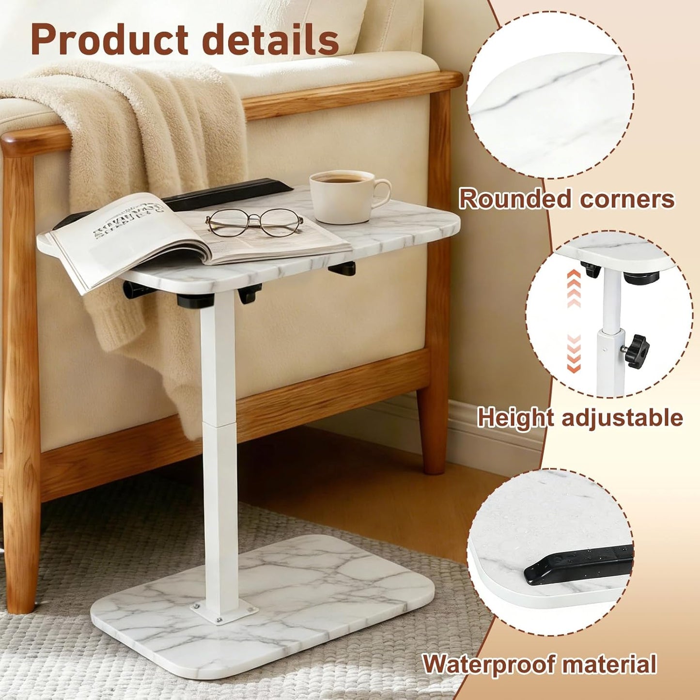 ShellKingdom Sofa Armrest Tray Table, C Shaped End Table for Small Spaces, Adjustable Height Small Side Table for Living Room, Bedroom, Home, Office (White Marble)
