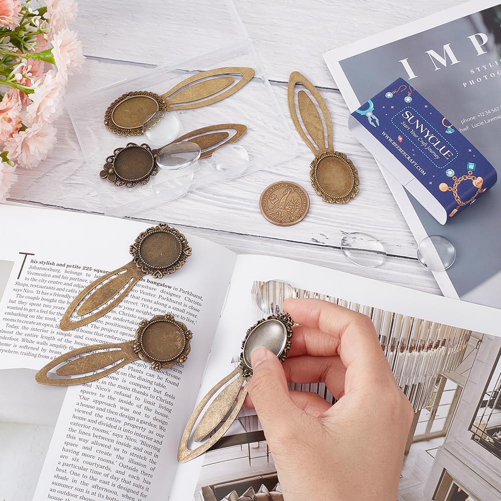 SUNNYCLUE 1 Box 16Pcs DIY 8 Sets Vintage Bookmark Metal Antique Bronze Bookmark Bezel Tray Cabochon Book Marks Making Kit Clear Glass Cabochons Book Mark Blank Bezels for Adults DIY Crafts