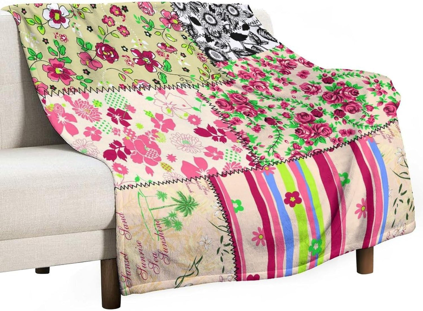 Patchwork Floral Throw Blanket,Retro Style Boho Colorful Farmhouse Flower Botanical Flannel Plush Camping Company Double-Sided Office Chair Bedding Blankets, 40x50 in