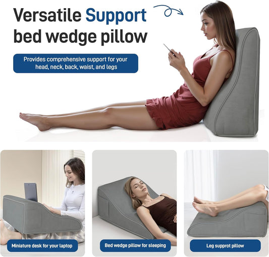 Daneey Reading Pillows for Sitting in Bed Adult Back Pillow for Bed Sitting Up, Back Support Pillow, Foam Wedge Pillow for Neck, Lumbar, Back, Gray, 20 * 9 * 22IN, Velvet