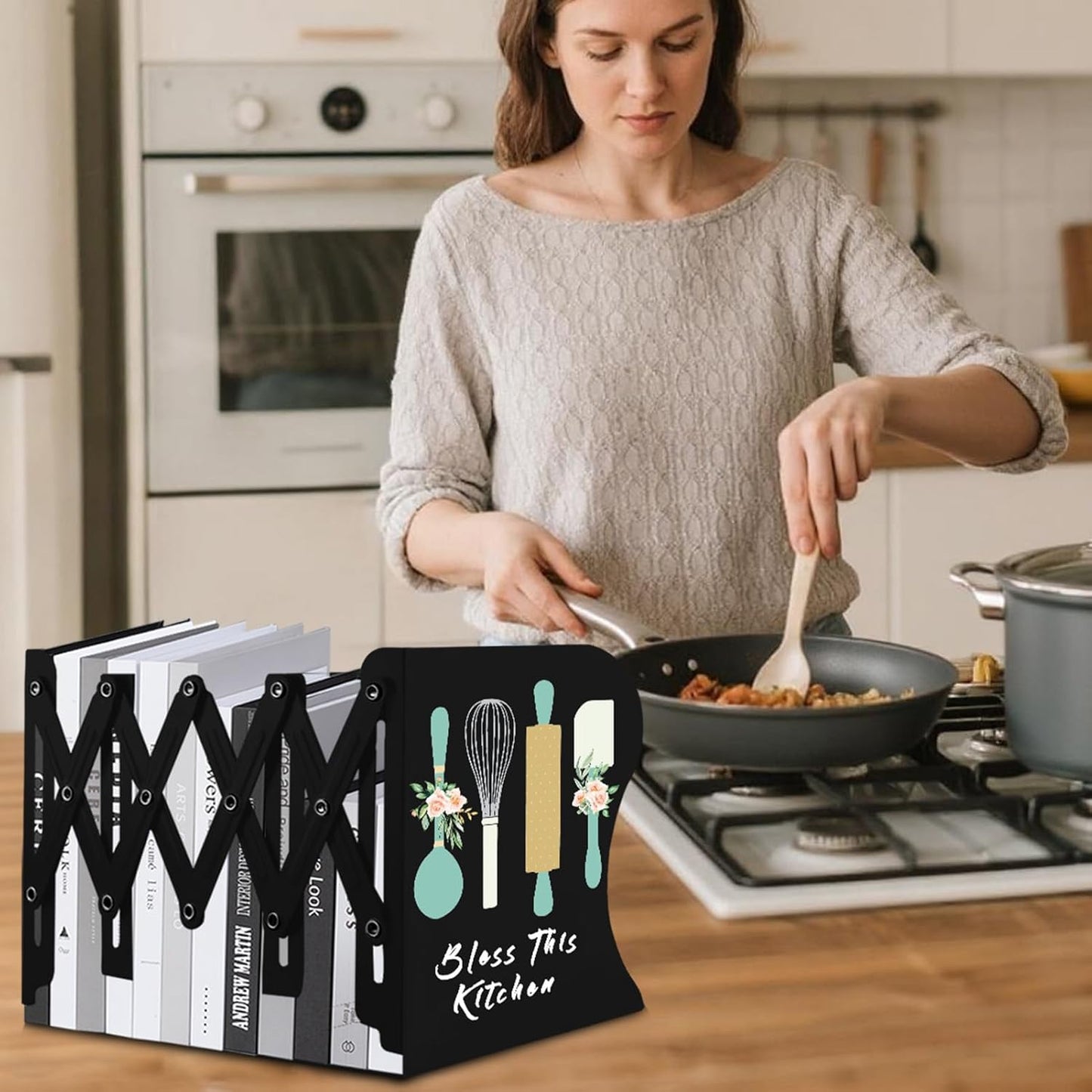 Cookbook bookends, Kitchen bookends, Adjustable Metal Book Ends for Shelves Decorative Unique Design for Heavy Books,Non-Skid Book Holder for Kitchen Housewarming Cooking Lover Gifts (Black 2)