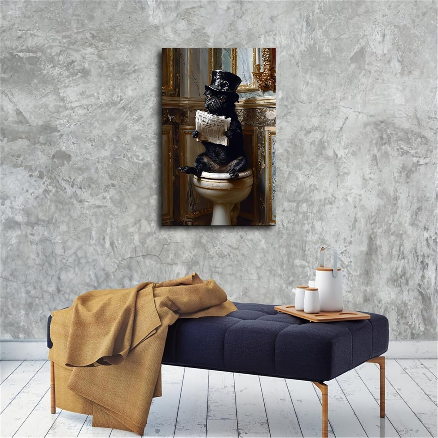 Pug Dog Victorian Gentleman Reading Newspaper on Toilet Whimsical Fine Art Print Poster Giclee Vintage Painting Wall Art (08x12inch Framed)