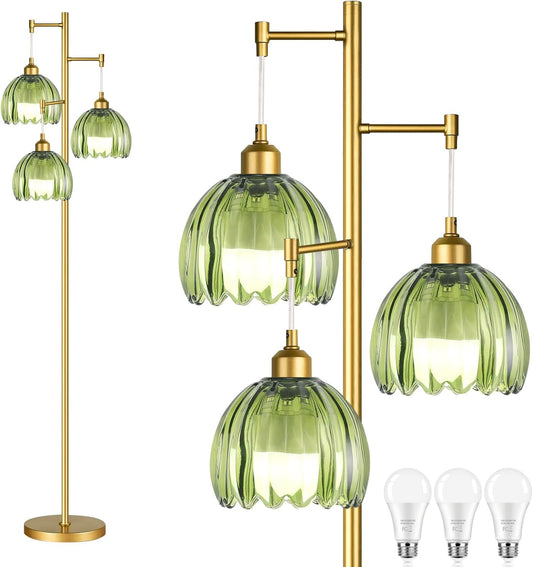 Gold Floor Lamps for Living Room Bedroom-3 Light Glass Floor Lamp with Three Led Bulb, Rustic Tall Floor Lamp Gold Standing Lamp Tree Floor Lamps for Living Room Bedroom,Office,Corner