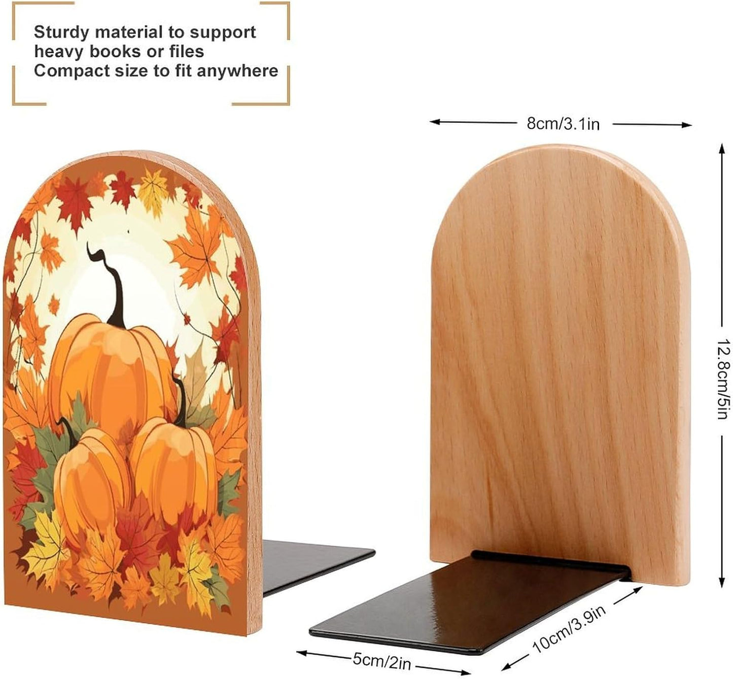 Autumn Pumpkin Maple Leaves Bookends 1 Pair Heavy Duty Book Ends for Shelves Non-Skid Bookend Supports Wooden Book Holders with Metal Base Desk Organizers Books Storage to Hold Books