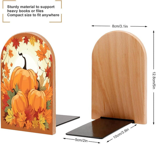 Autumn Pumpkin Maple Leaves Bookends 1 Pair Heavy Duty Book Ends for Shelves Non-Skid Bookend Supports Wooden Book Holders with Metal Base Desk Organizers Books Storage to Hold Books