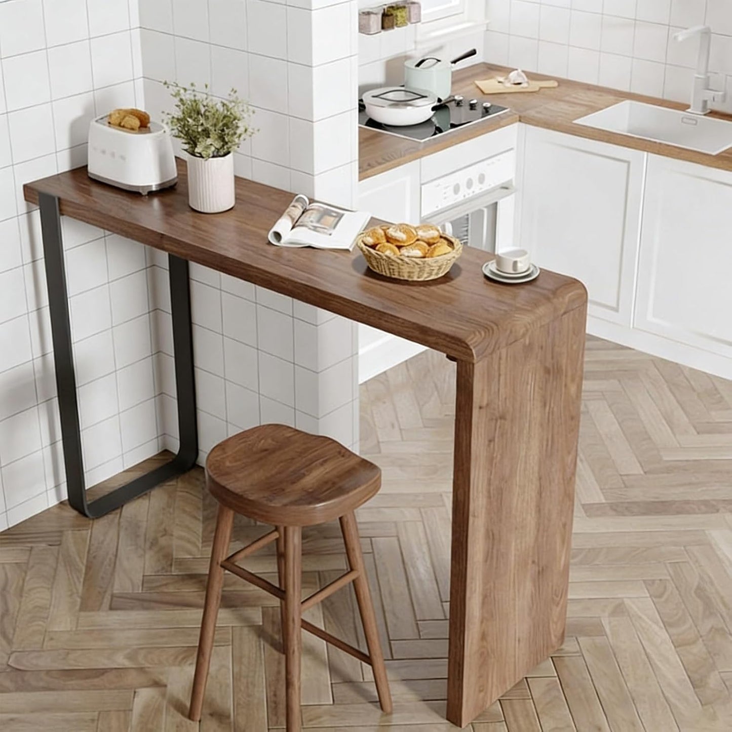 Industrial Rectangle Solid Wood Bar Height Table Long Narrow Bar Table with Metal Base and Solid Wood Bracket Balcony Dining Coffee Table Small Space,No Stool(100cm/39.4in)