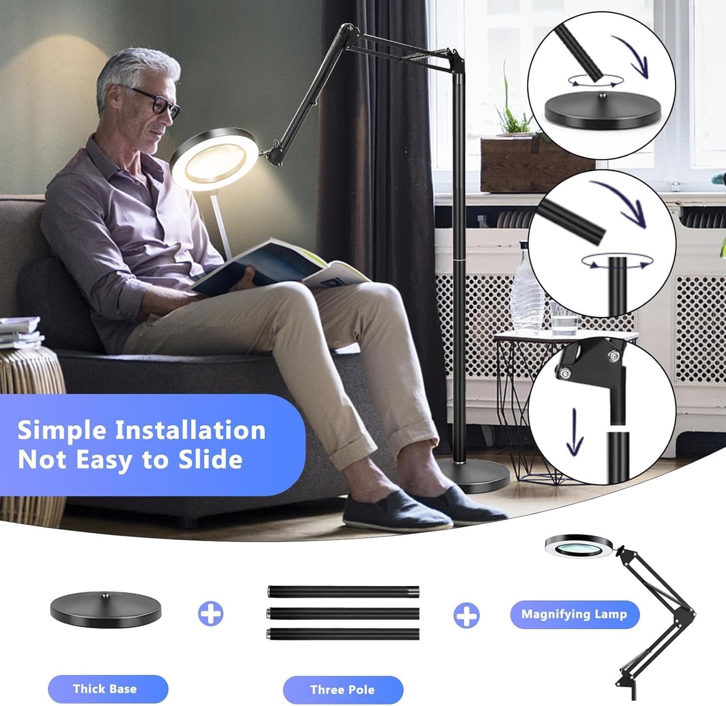 10X Large Floor Magnifying Glass with Light and Stand, 3-in-1 Adjustable Height Lighted Magnifier, 72 LED Floor Lamp 5 Color Stepless Dimmable Arm Swing Floor Magnifying Lamp for Reading