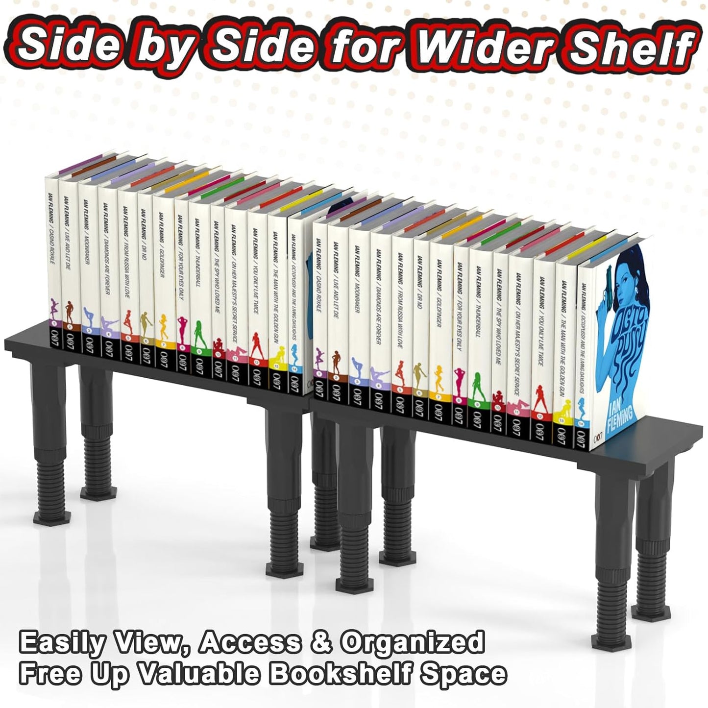 Manga Shelf Risers, 2 Pack Book Riser for Bookshelves, Black Wooden Height Adjustable Comic Books Shelves for Double Rows Display Stand for Books, Collectibles, Anime Figurines, Blind Boxes, CDs