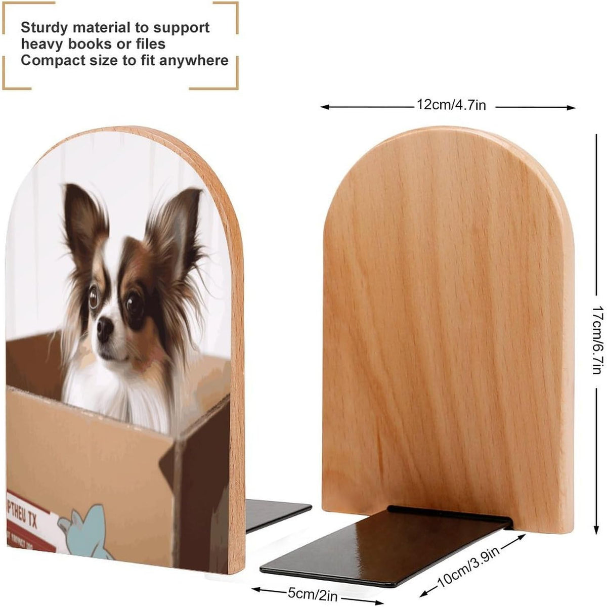 Non-Slip Bookend for Shelves Papillon in The Box Wooden Bookends with Metal Base Decorative Book Stopper for Home Heavy Duty Wood Book Storage for Books/CDs