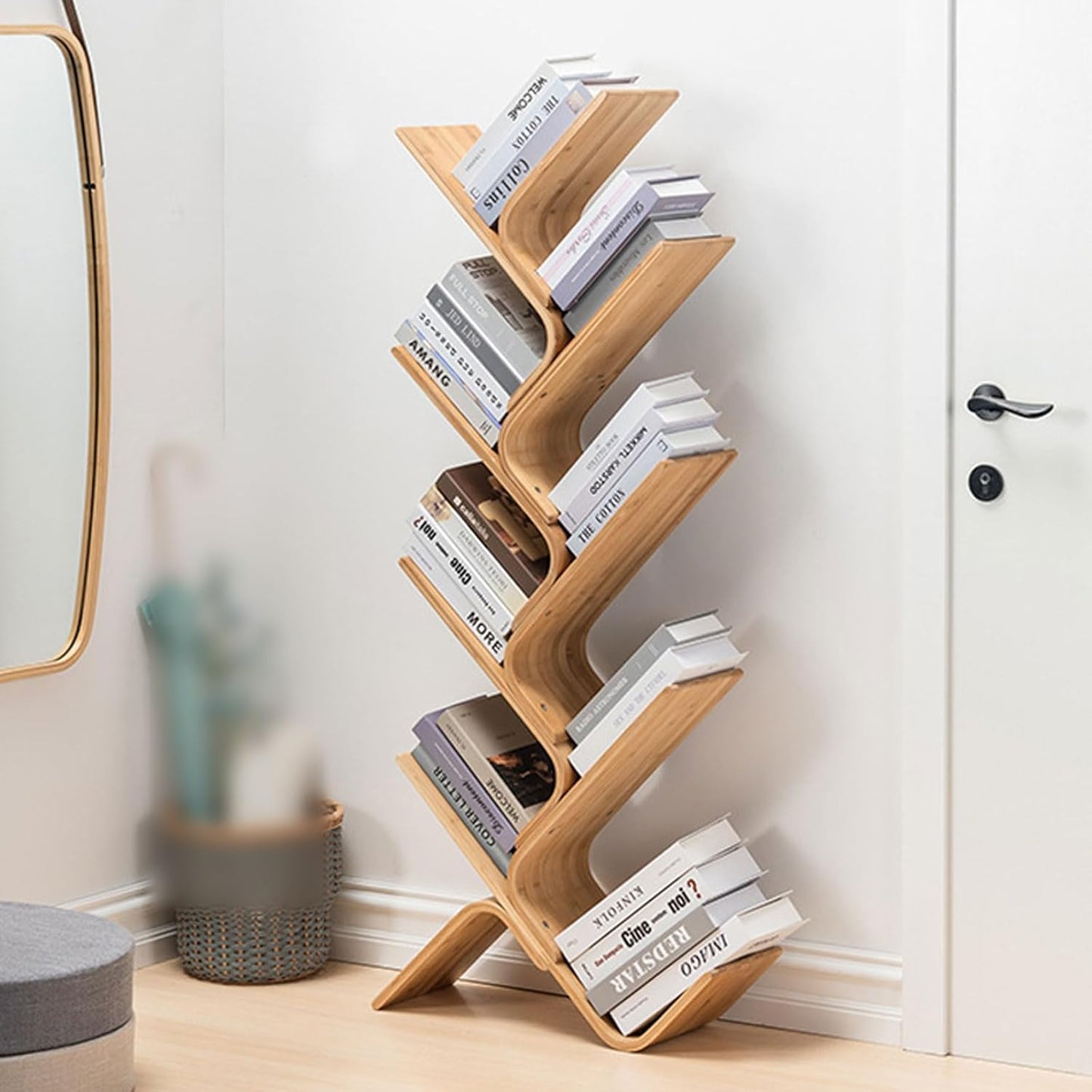 Floor Standing Bamboo Book Shelf, Modern Tall Tree Bookshelf, Small Corner Bookcase Narrow Bookshelves Organizer for Bedroom Living Room Home Office
