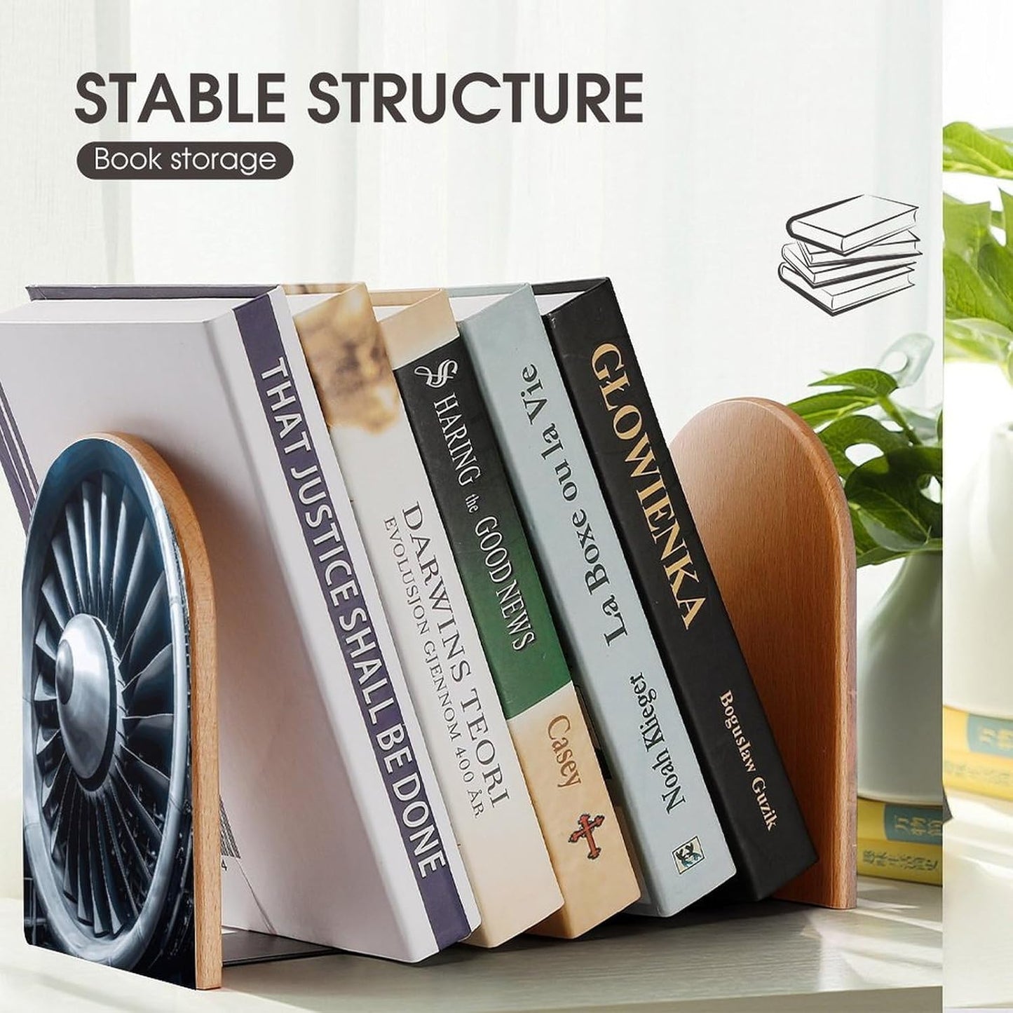 Jet Engine Bookend for Shelves Wooden Book End Large Size Sturdy Book Holders Stoppers with Metal Base for Bookshelves Slick Decorative Bookends Stands