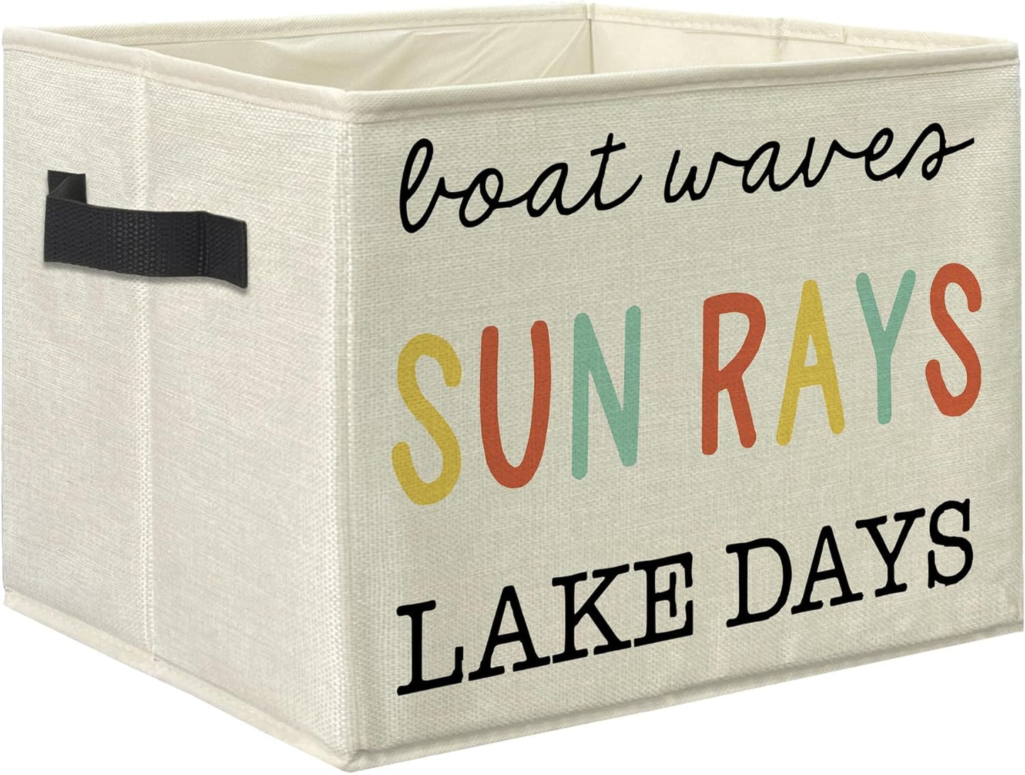 Knibeo Lake House Fabric Storage Bins for Shelves Closet, Boat Waves Sun Rays Lake Days Rainbow Collapsible Cube Baskets Organizer for Clothes Books Toys