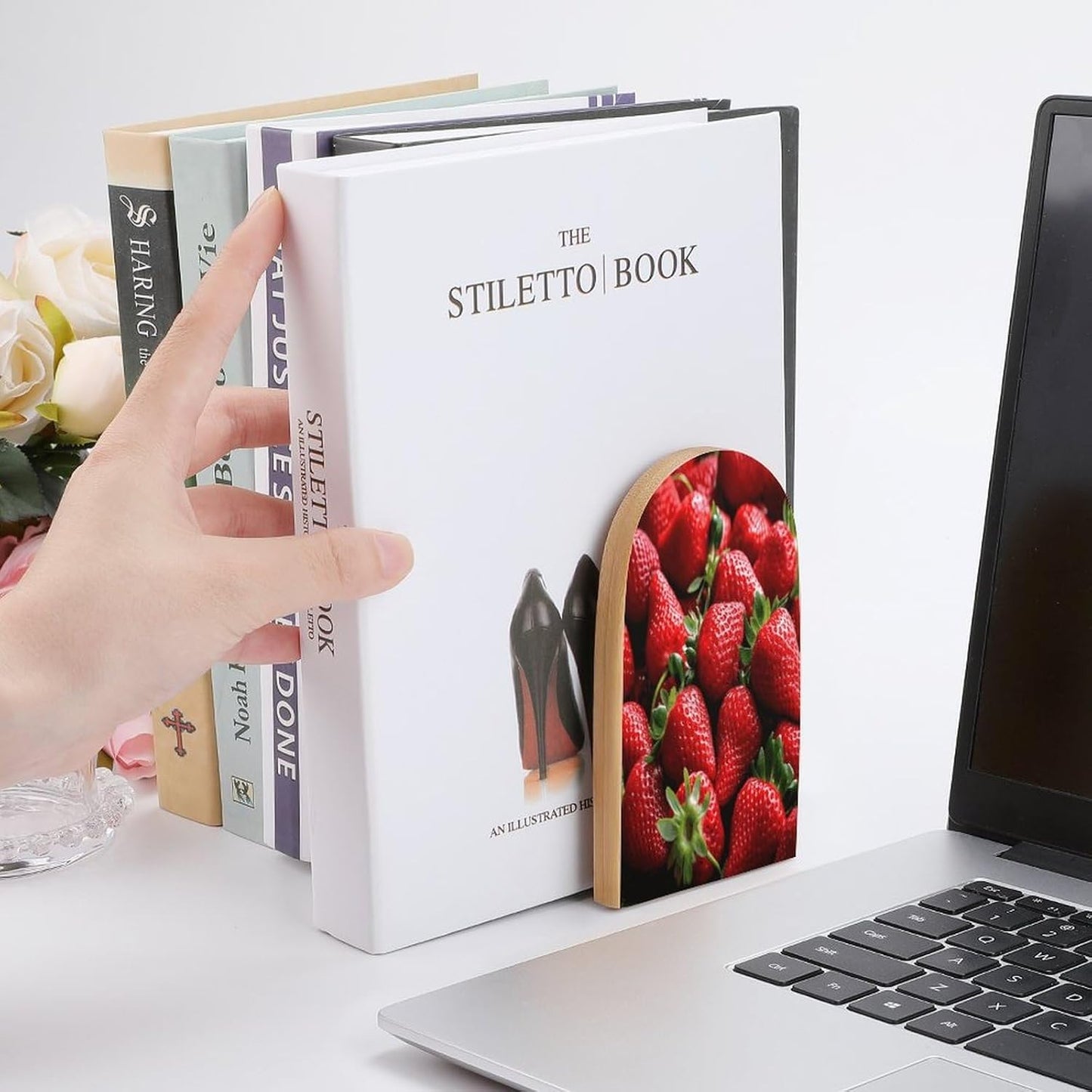 Fresh Strawberries Bookends 1 Pair Heavy Duty Book Ends for Shelves Non-Skid Bookend Supports Wooden Book Holders with Metal Base Desk Organizers Books Storage to Hold Books