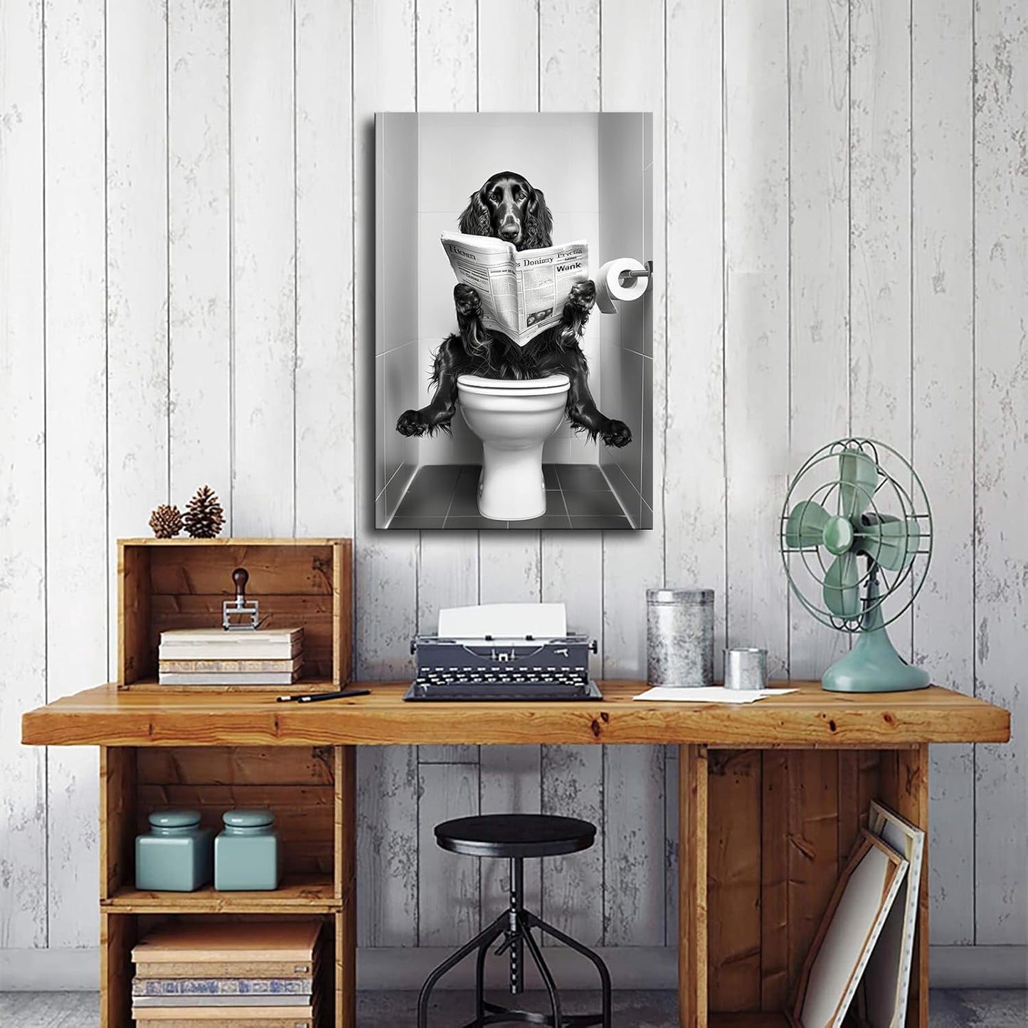 Black and White Animal Irish Setter Dog Sitting on The Toilet Bathroom and Reading A Newspaper Print Poster Picture HD Print Poster Retro Painted Modern Home Bedroom Room Aesthetic Decoration Canvas (12x18inch Framed)
