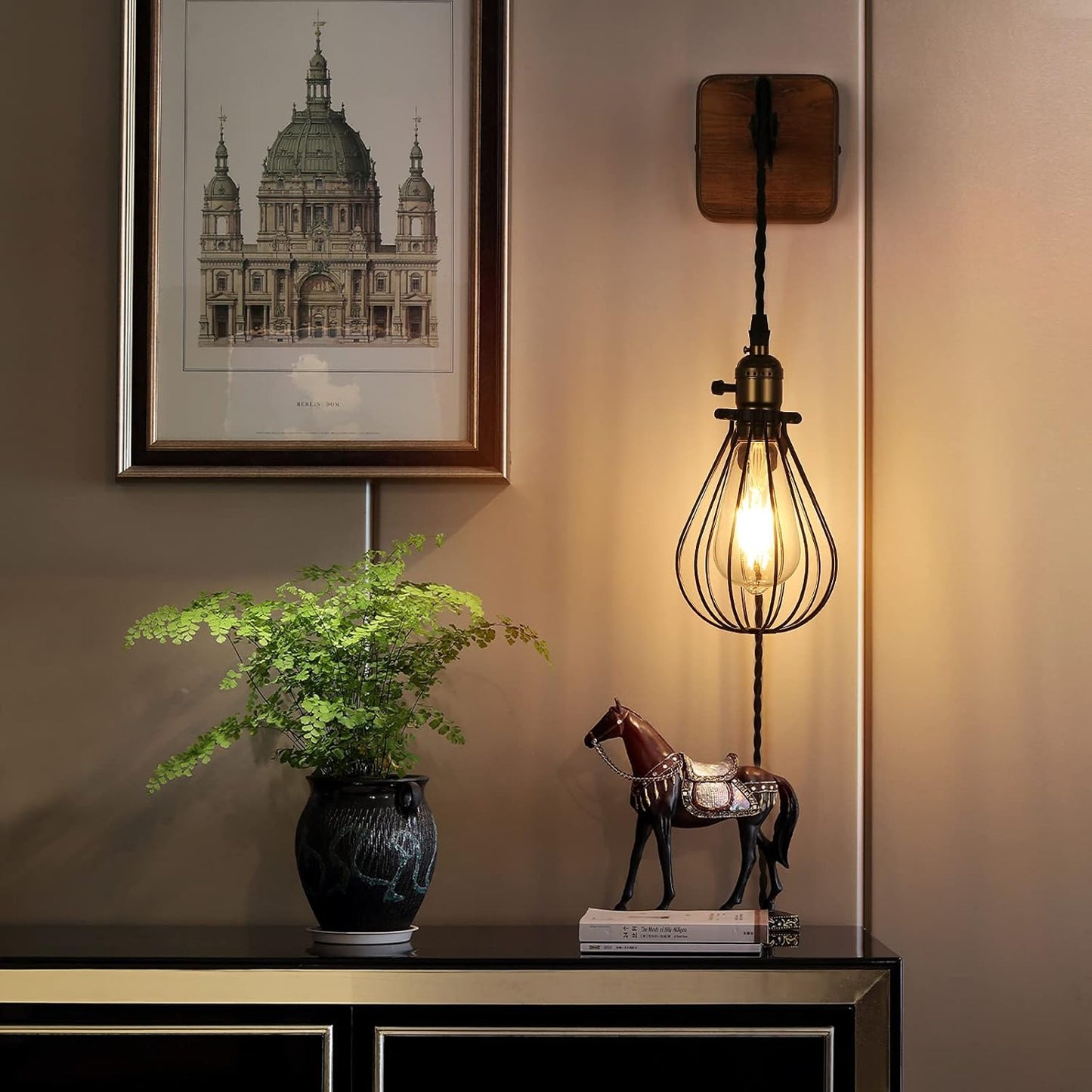 Industrial Wire Cage Plug in Wall Sconces, Black Rustic Hanging Wall Light Fixture Lift Pipe Pulley with Wood Base, On Off Toggle Switch Pendant Lamp Decoration for Reading Living Room Bedroom