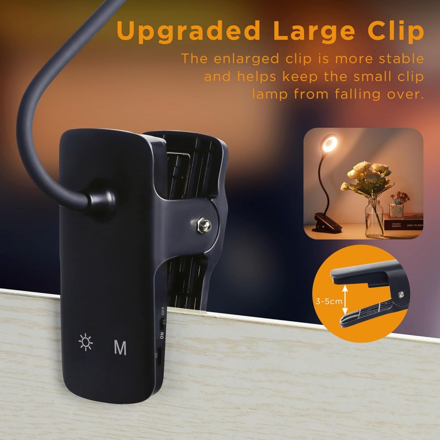 Desk Lamp LED Clip on Light, 5 Modes 5 Brightness Dimmable Clamp Light, Rechargeable Battery Flexible Clip on Reading Lamp for Bed Headboard Bunk Bed at Night for Kids (Black)