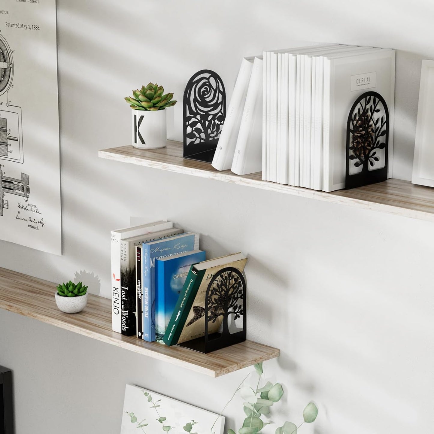 MaxGear Decorative Book Ends, Heavy Duty Bookends for Shelves, Metal Bookend for Heavy Book Supports, Office Bookends Shelf Holder Black 3pair, Non-Skid Book Stoppers 6.89x4.89x3.54 inch