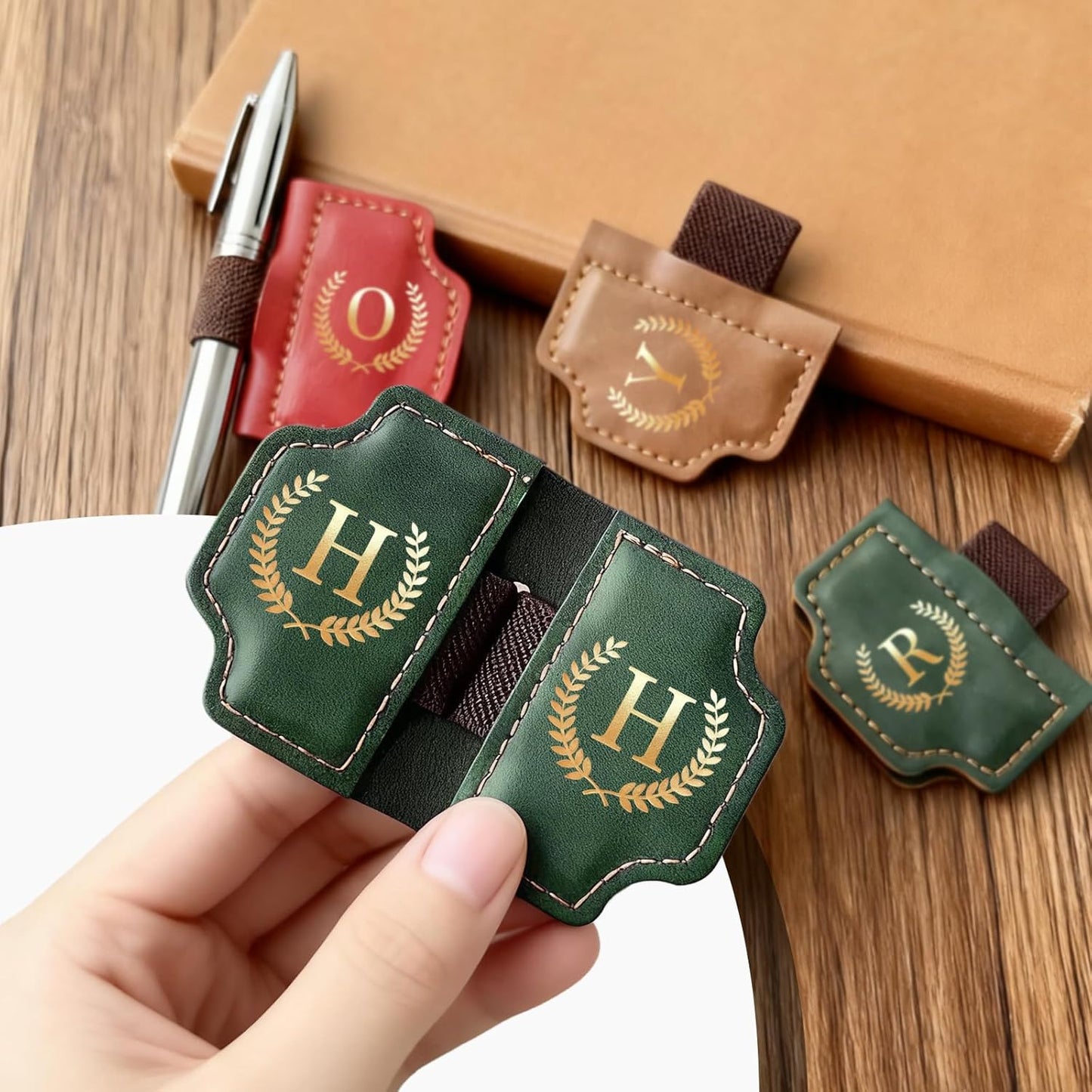 26 Letters Magnetic Leather Bookmark with Pen Holder, Personalized Book Marks with Initials, Custom Name Book Makers Clips for Reading Women, Men, Teachers, Book Lovers Gifts(Red, A)