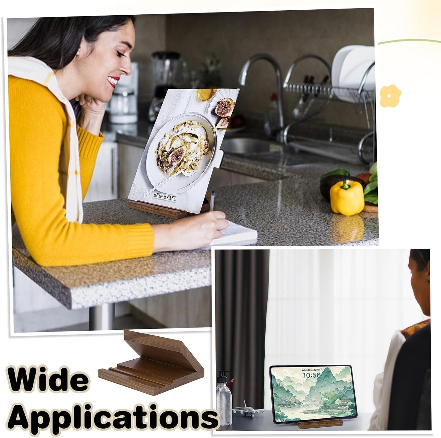 Walnut Book Stand for Display Wooden Bible Stand for Reading Portable Office Phone Holder for Desk Living Room Kitchen Coffee Table Decor Picture Frame Photos Holder