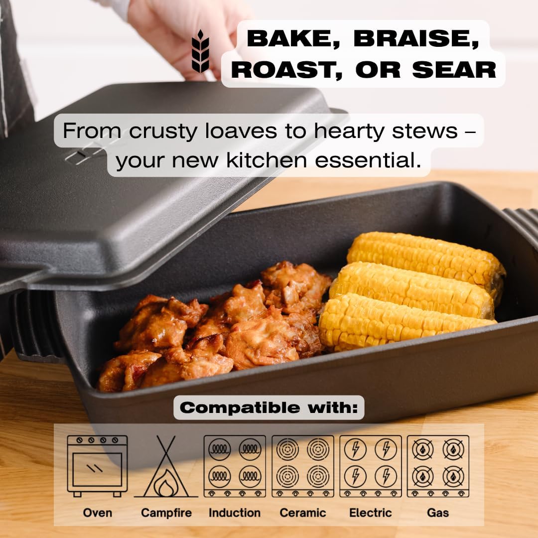 KUHA Square Cast Iron Dutch Oven 2-in-1 | Pre-Seasoned Cast Iron Cookware | Skillet Lid & Casserole Dish | For Baking, Roasting & Grilling | Chainmail Scrubber Included | 13" x 9", 6 QT