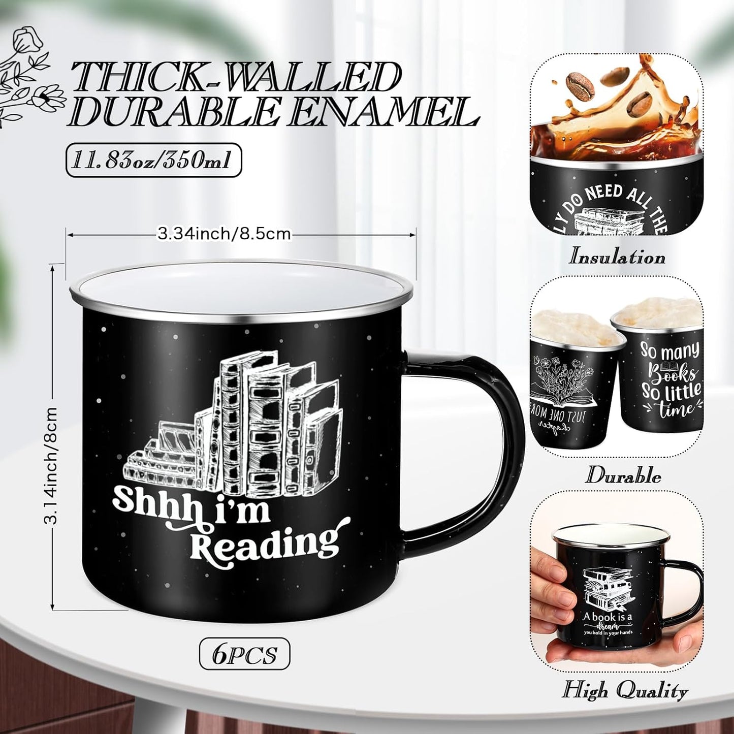Hushee 6 Pack Book Lovers Gifts Enamel Mugs 12oz Book Coffee Mugs for Women Librarians Coffee Drinking Cups Gift for Bookish Men Writers Reader Library Reading Teacher, 6 Style(Black)