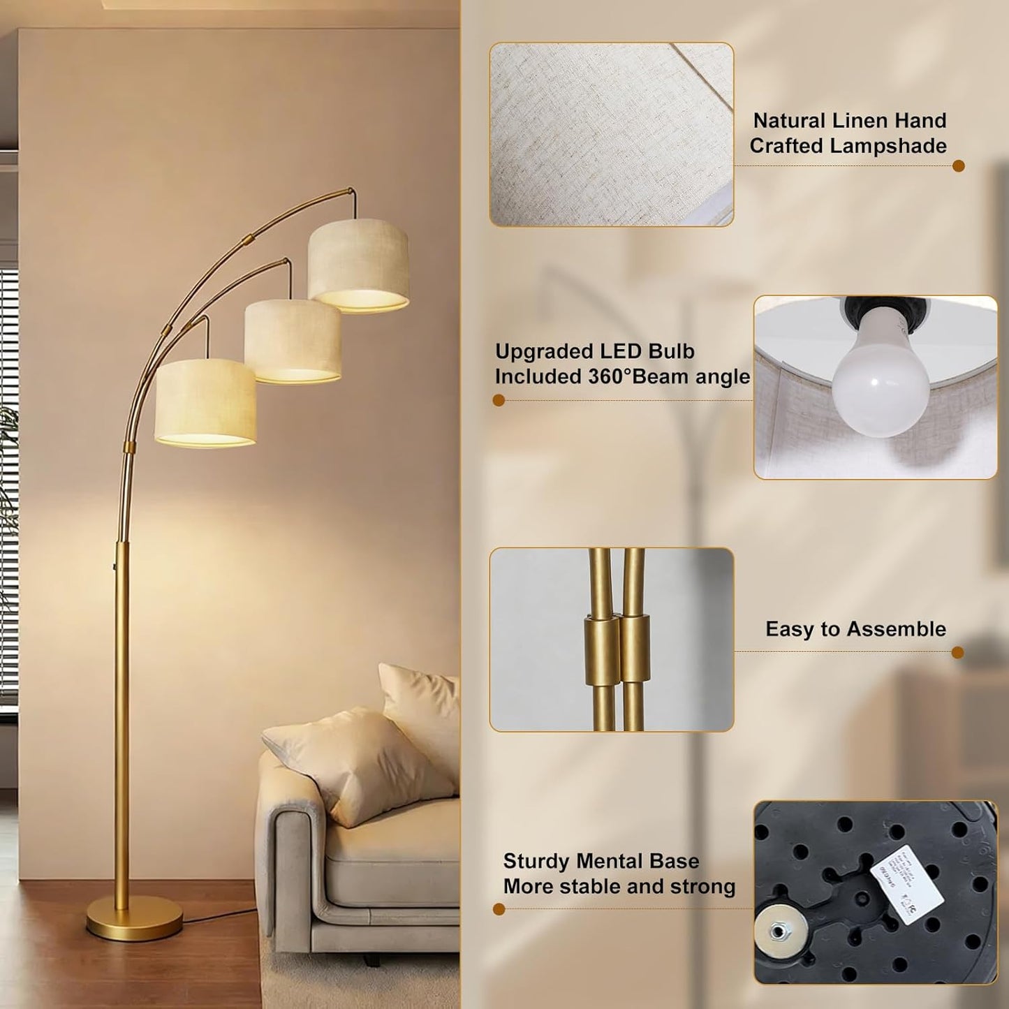 Dimmable Arc Floor Lamp, Gold Pole Standing Lamp with Linen Shade and Heavy Base, Remote Control with Stpeless Color Temperatures and Brightness for Bedroom, Office