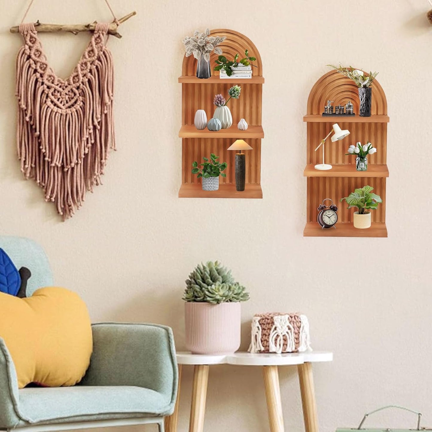 Qivine 2Pcs Boho Shelves for Wall, 3 Tier Rainbow Arch Wooden Floating Shleves, Boho Mid Century Shelf with Arched Wood Design Wall Mounted for Living Room, Bedroom, Bathroom Decor (Brown, 3-Tier)