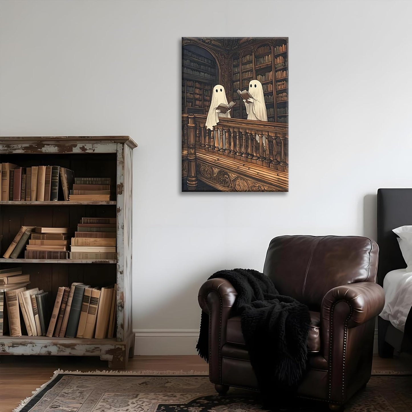 Moody Halloween Wall Art Two Cute Ghosts in A Library Poster Spooky Ghost Decor Dark Academia Canvas Print Reading Book Aesthetic for Living Room Apartment Bedroom 12x16inch Unframed