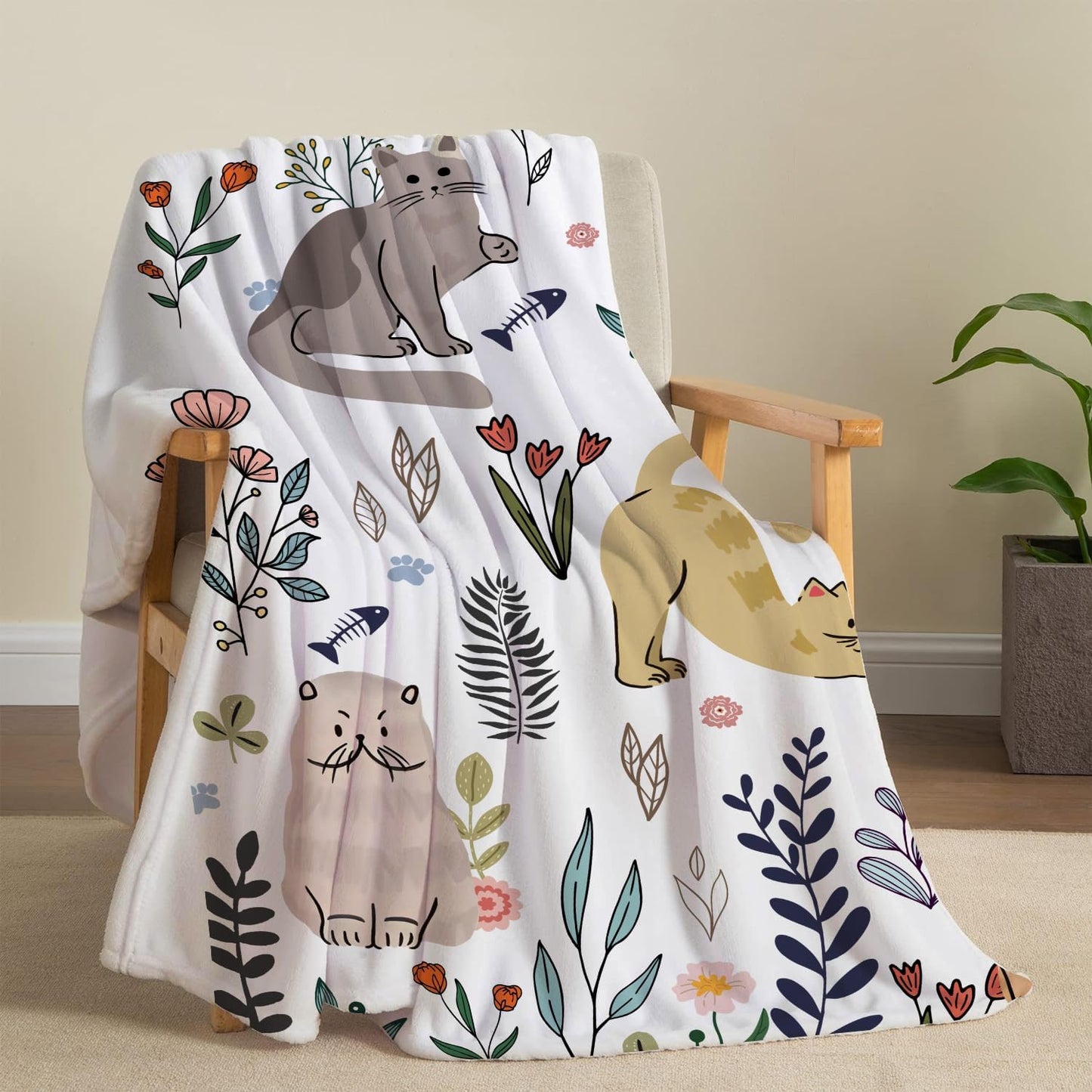 Cat Throw Blanket Floral Flower Throw Blankets Gift for Cat Lover Throw Blanket Cats Themed Flannel Cozy Fuzzy Plush Throw Blankets for Bed Chair Couch 60" X 80"