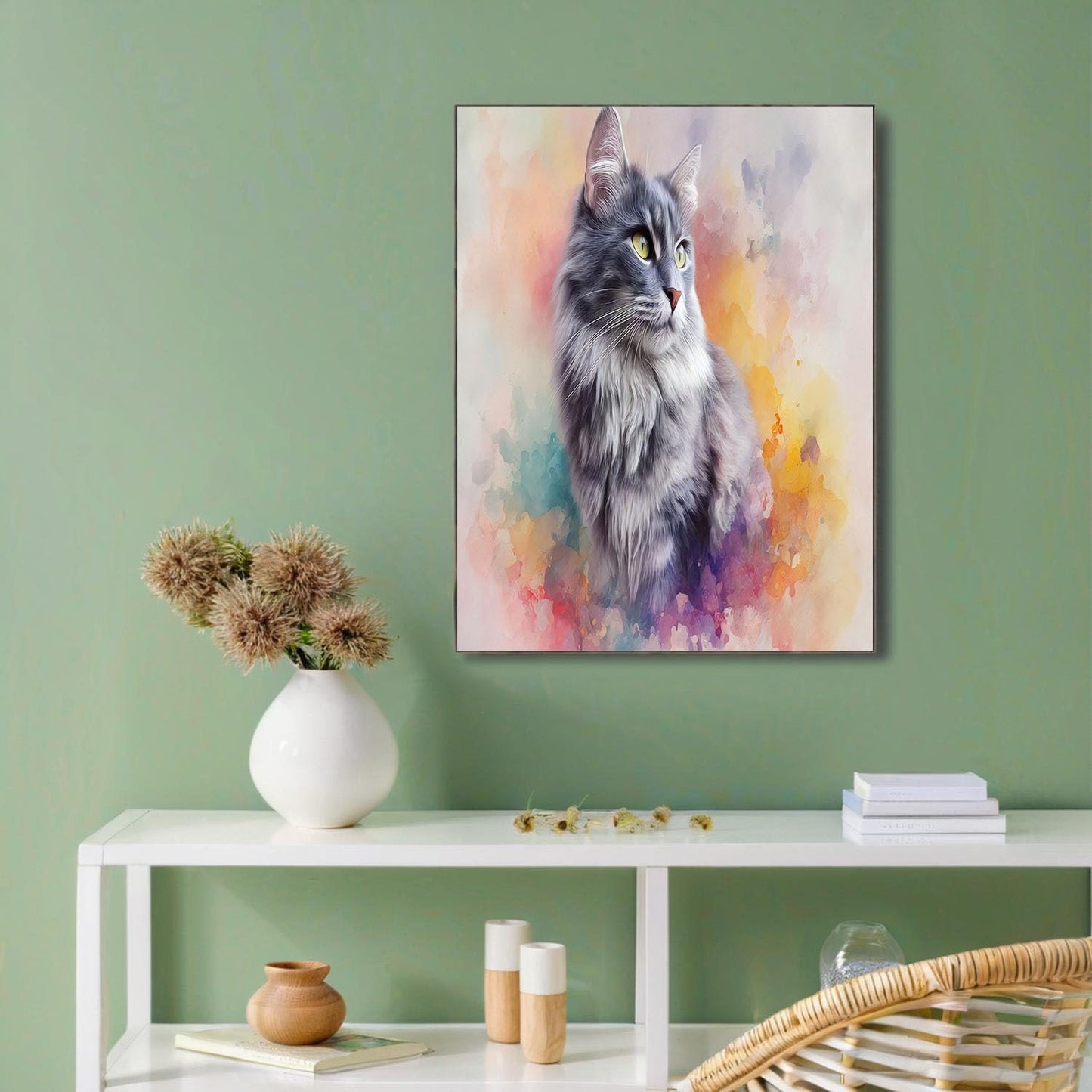 GDJSMIN Digital Airbrush Style Wall Art, Watercolor Beautiful Gray Cat Poster for Reading Room Living Room Decor 16x 24 inch Unframed