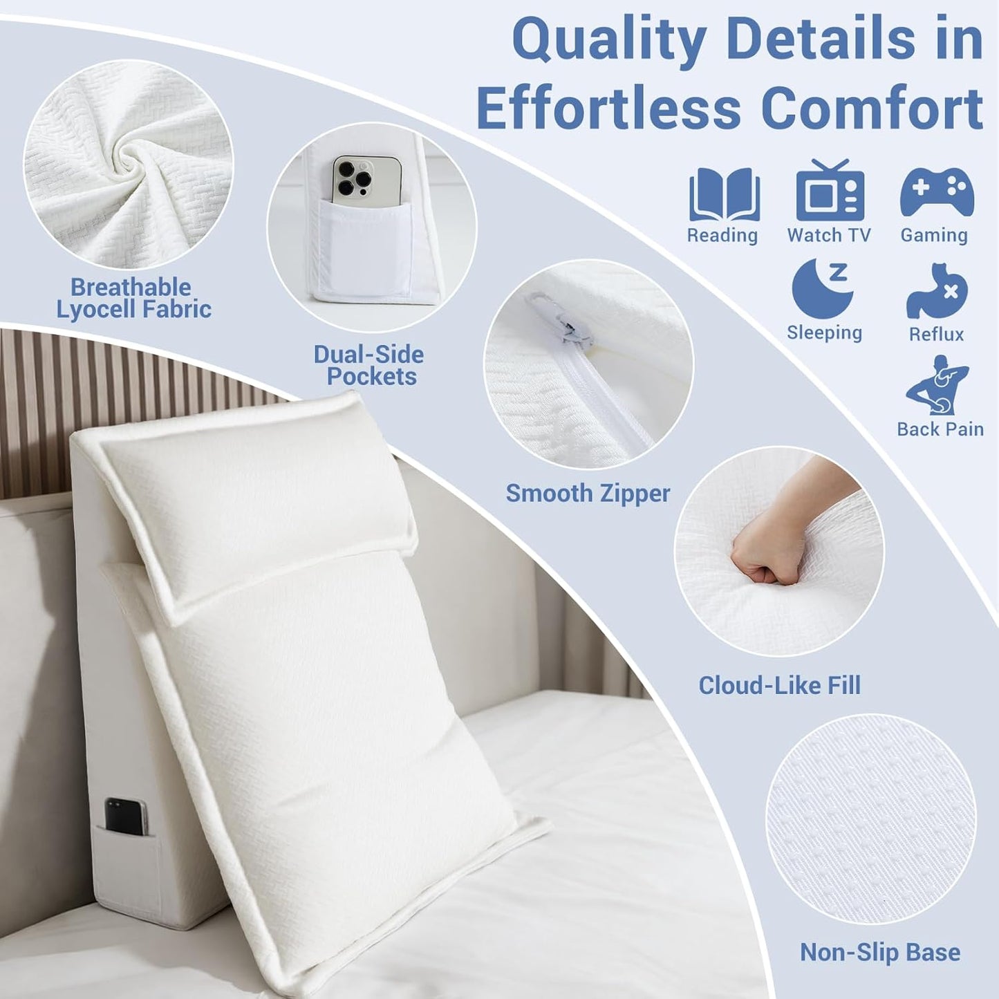 3PCS Bed Wedge Pillow Set for Sleeping, 10" Adjustable Triangle Pillow Wedges for Acid Reflux, Snoring, Back Pain Relief, After Surgery, Reading Pillow for Sitting in Bed Adult with Washable Cover