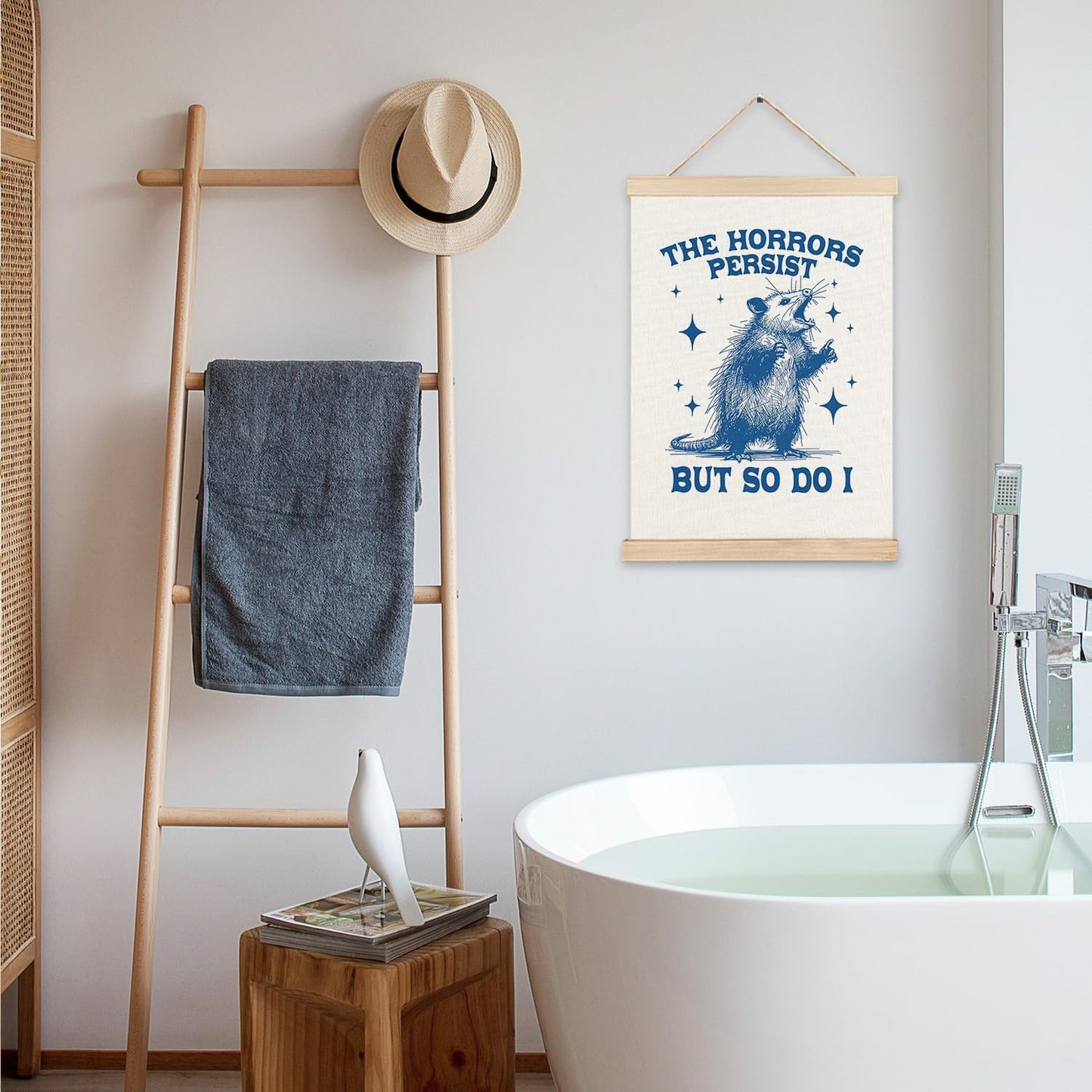 LZYRF Funny Opossum Mental Health Wall Art Poster Framed, Possum Gifts, Retro Blue Positive Affirmations Inspirational Canvas Prints Wall Decor for Therapy School Counseling Office, 12x16 Inch