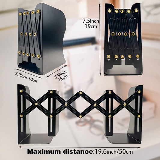 Adjustable Bookends Non Skid Decorative Bookends,Metal Bookend for Heavy Books,Bookshelf Organizer Holder for Books and Magazines for Desk(Black)