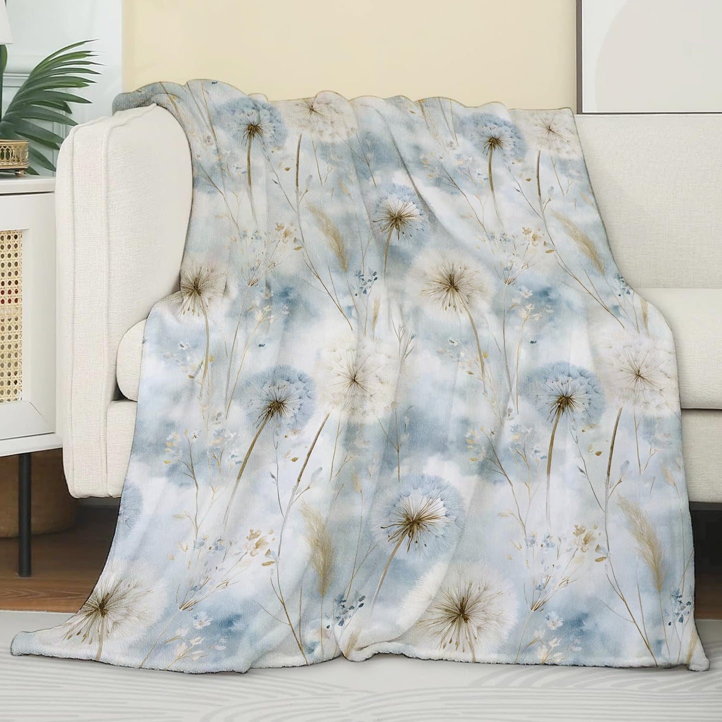 Elegant Dandelion Fleece Blanket, Soft Throw with Floral Botanical, Lightweight Cozy Blankets for All Seasons, Nature Watercolor Home Decor and Gifts for Flower Lovers, 50x60 Inch