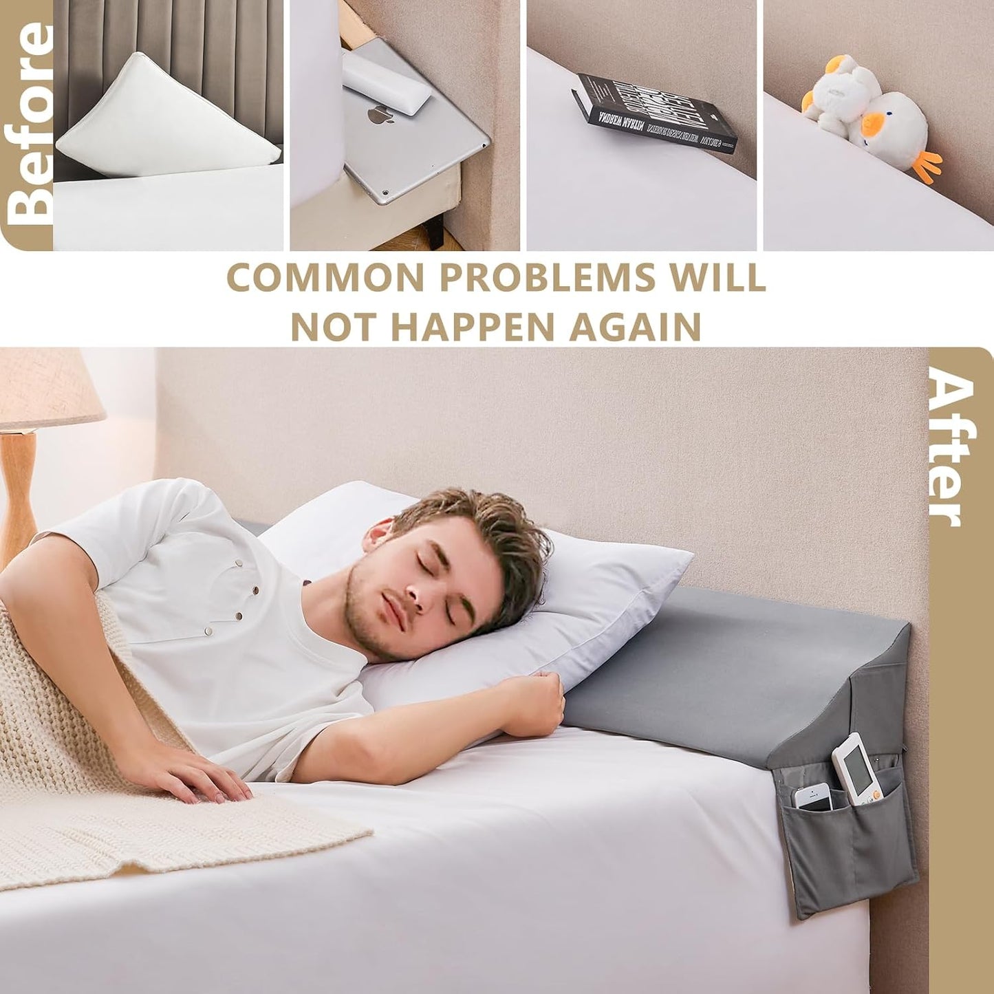 Bed Wedge Pillow for Headboard Gap Filler Queen(60"x6"x10")-Triangle Pillow Wedge for Bed, Mattress Wedge Gap Filler for Headboards, Soft Washable Cover, Neck Back Support&Sleeping Pillow Wedge, Gray